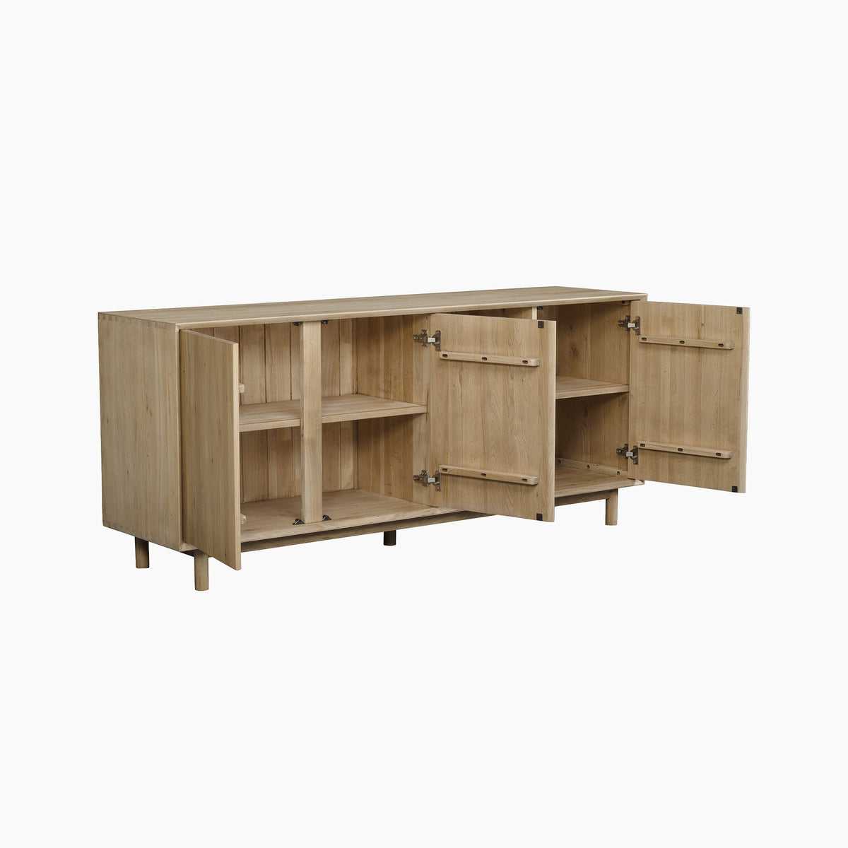 The Oslo 3 Door Sideboard with Shelves in Light Oak features two open cabinet doors revealing spacious interior shelves and sits on short legs, combining modern style and practical storage for any room.