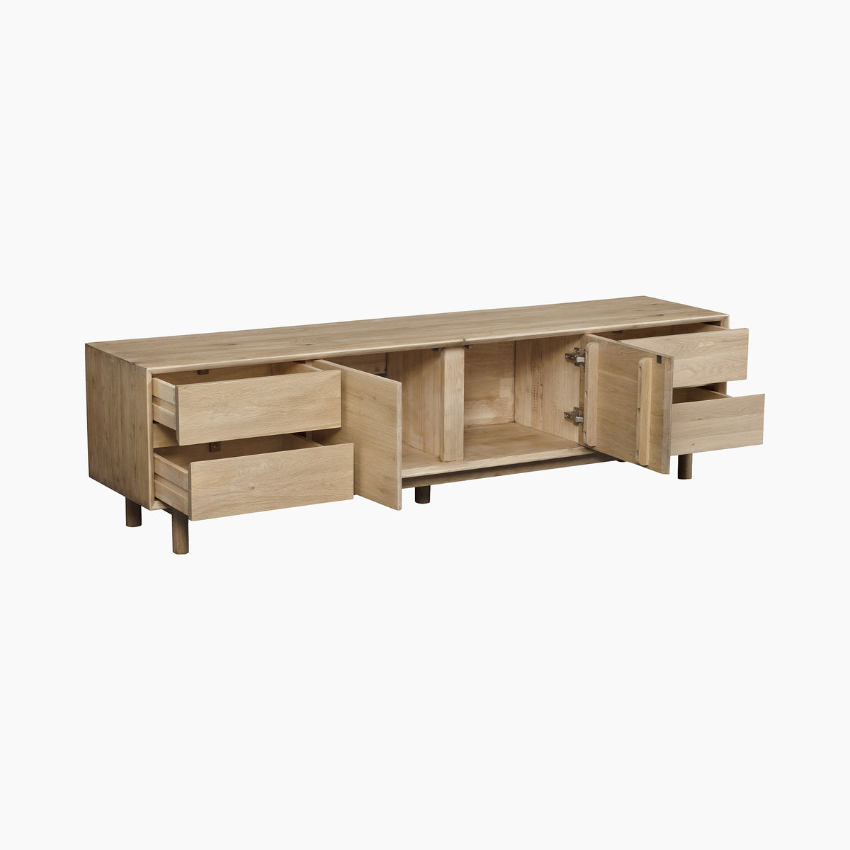 Oslo TV Unit in Light Oak with open drawers and cabinet doors, revealing spacious interior storage compartments—a stylish and modern addition to your living room furniture.