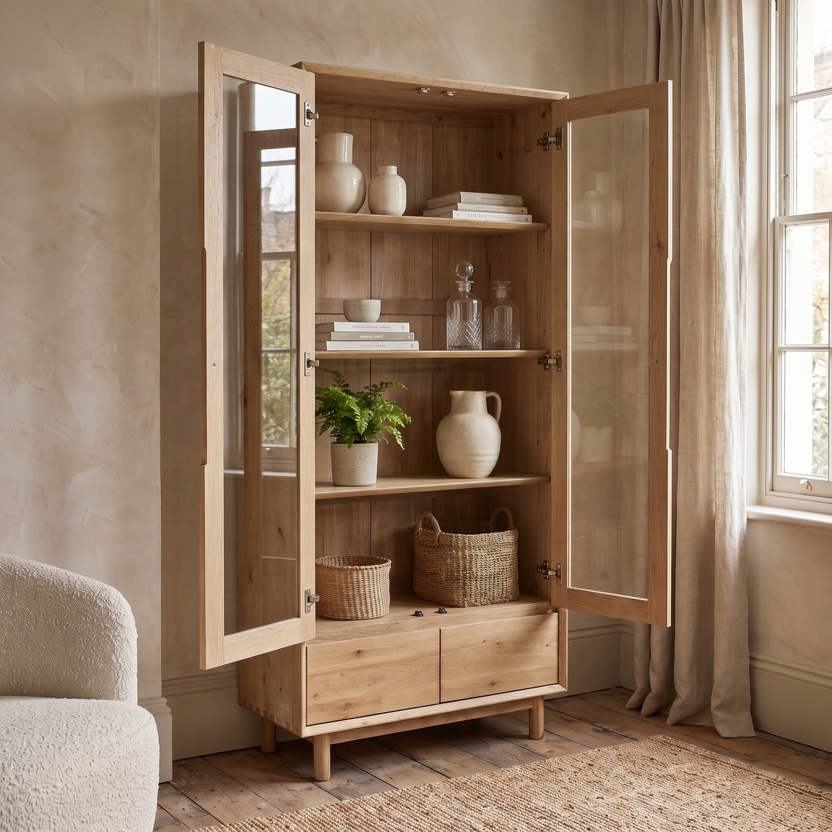 Oslo Display Cabinet in Light Oak with glass doors, featuring shelves that display baskets, vases, and a potted plant beside a window.