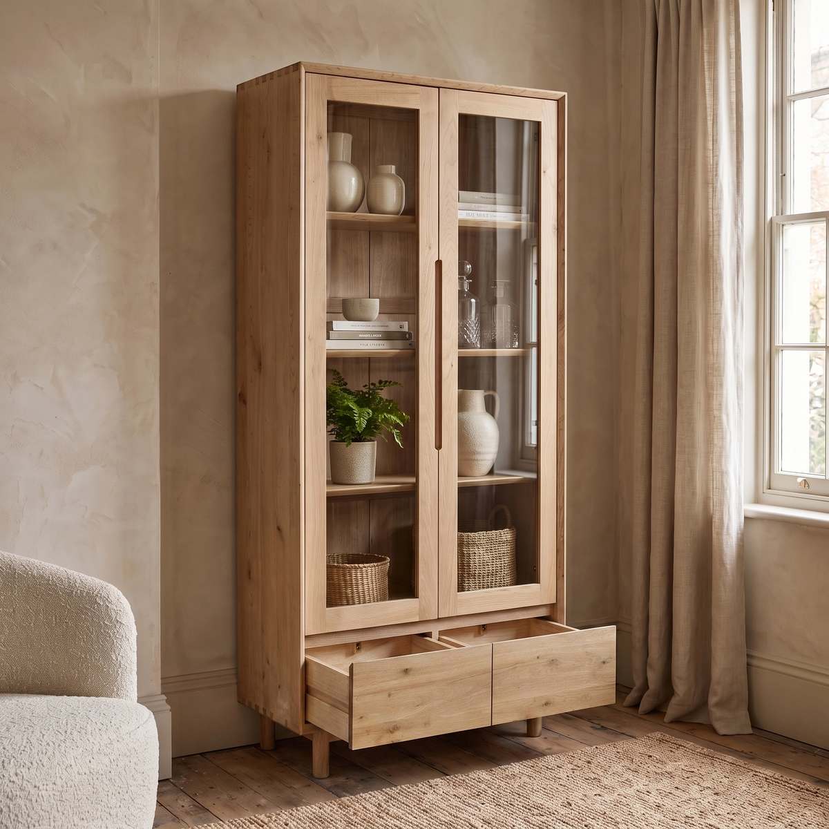 Oslo Display Cabinet in Light Oak featuring glass doors, shelves displaying decor items, and two open drawers at the bottom.
