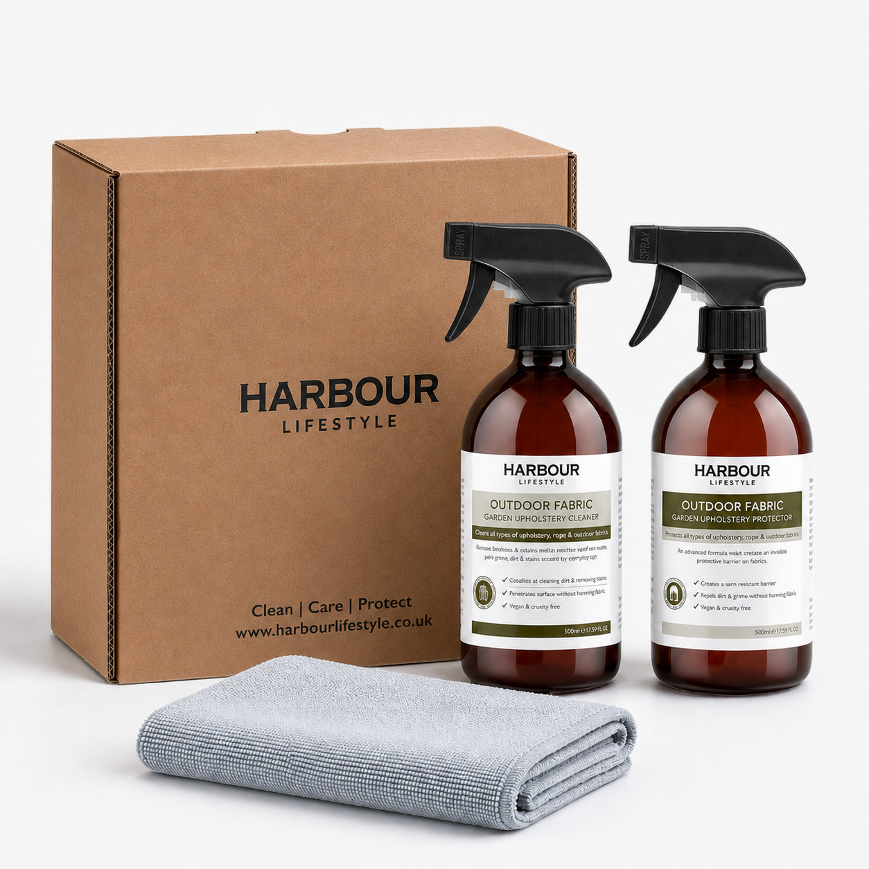 The Outdoor Furniture Cushion, Rope and Upholstery Cleaner & Protector Care Kit—including cleaner and protector bottles, a cloth, and a branded box—is displayed on a white background, making it ideal for effective mould and mildew prevention on your outdoor fabrics.