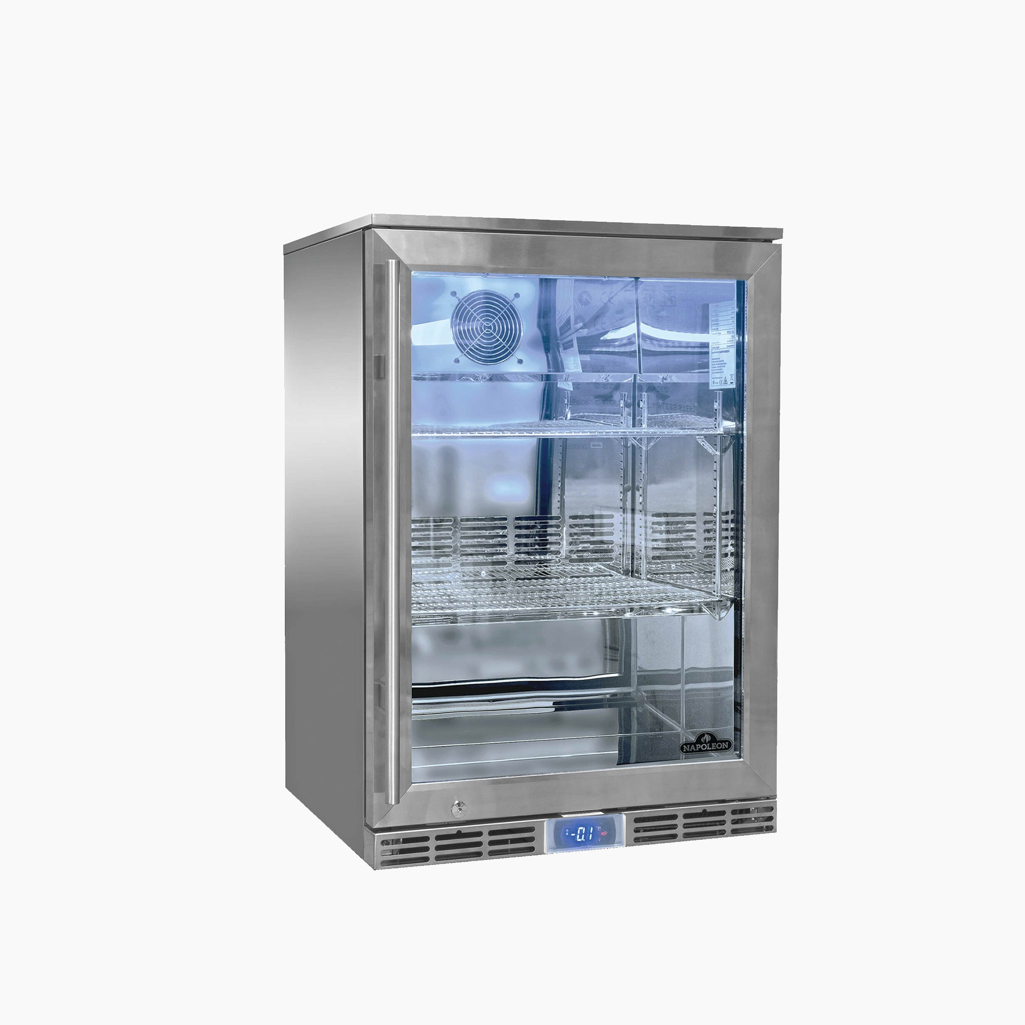The Napoleon Outdoor Cooler (Opens Right) is a stainless steel mini refrigerator with a glass door, interior shelves, and a digital temperature display at the bottom. It also features an ECO button for low energy consumption.