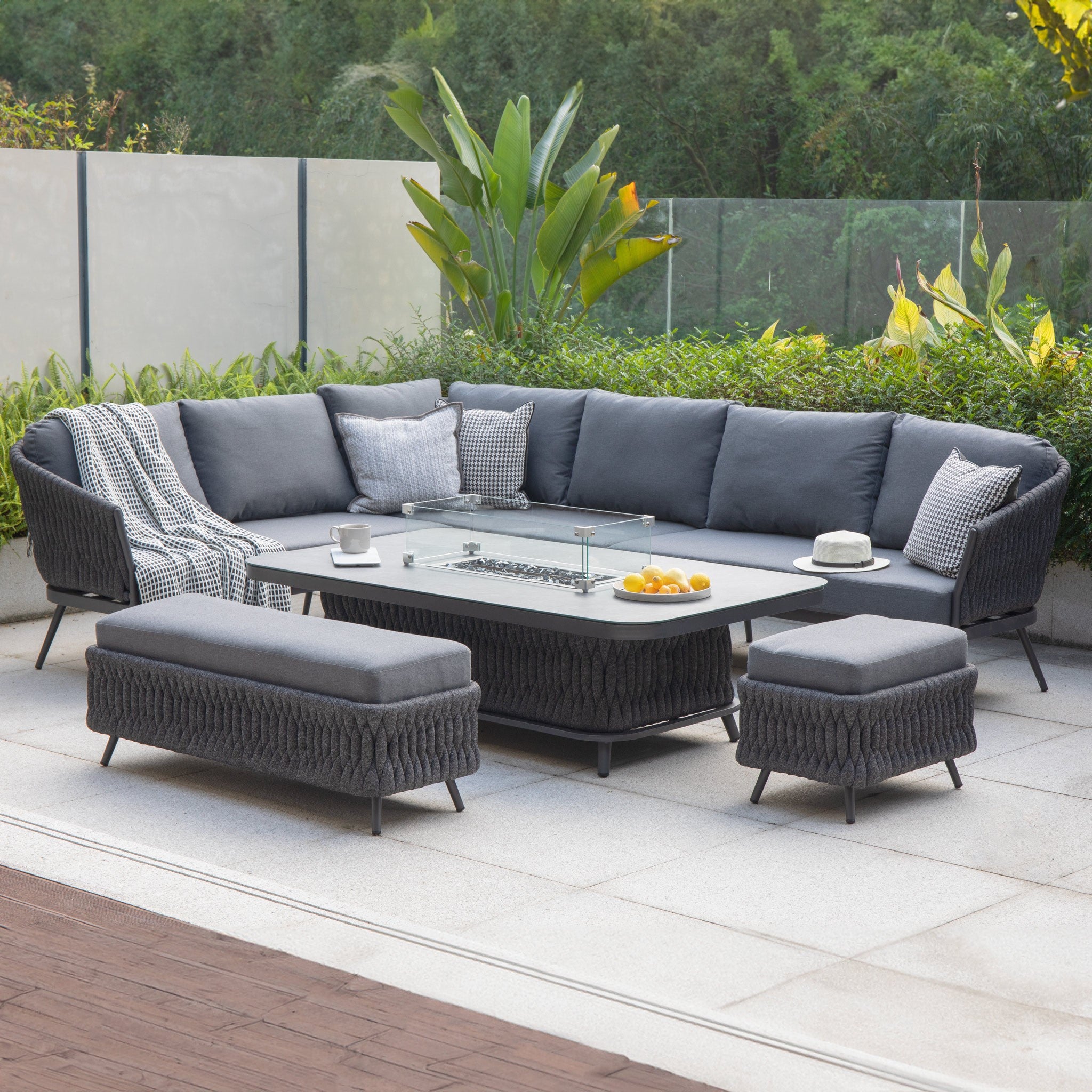 Palma Rope Rectangular Corner Dining Set with Rising Firepit Table in Grey (Left Hand)