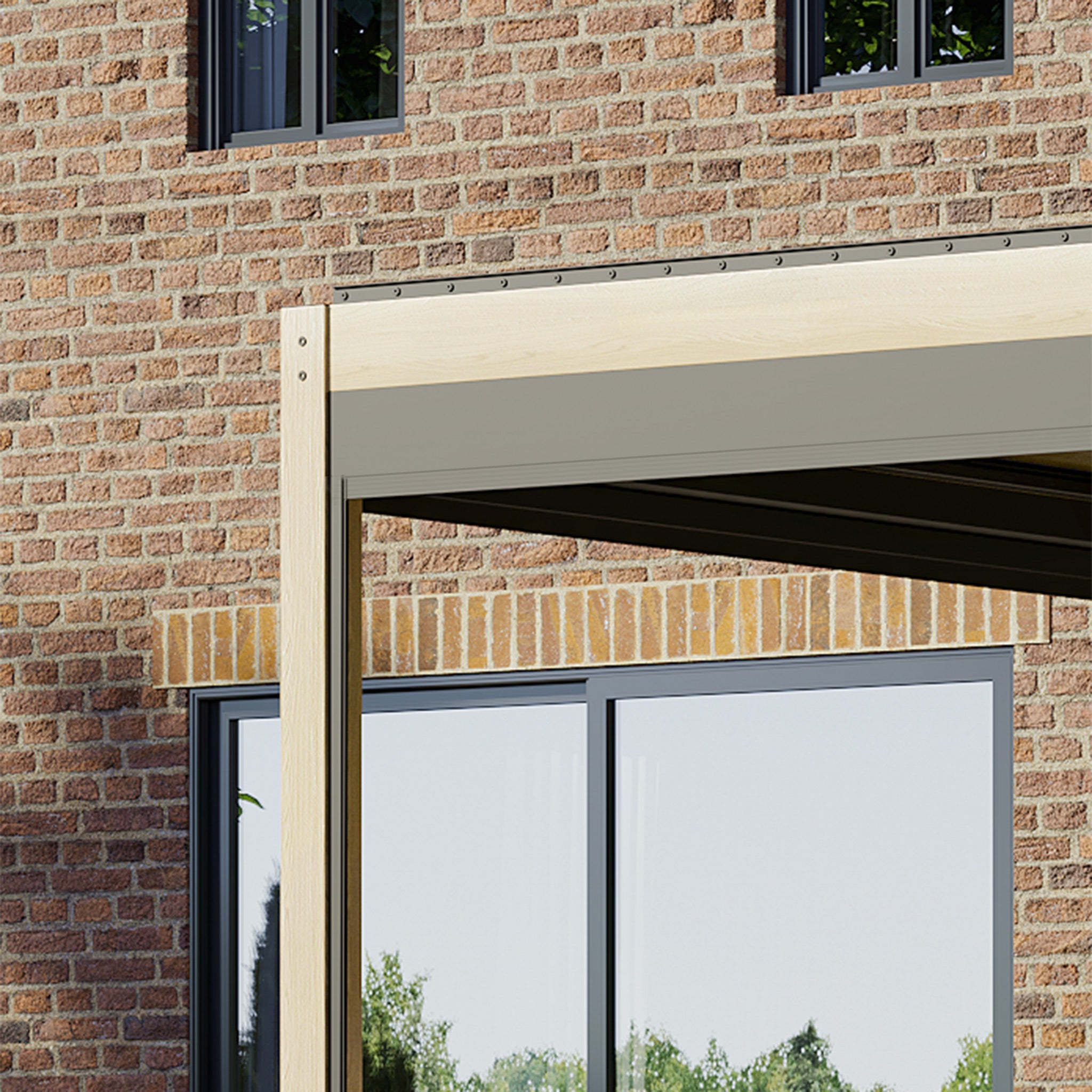 A modern brick building with large windows features the PergoSTET Plus 3m x 4m Rectangular Pergola in the foreground, boasting an elegant wood effect design and built-in drainage system for enhanced functionality.