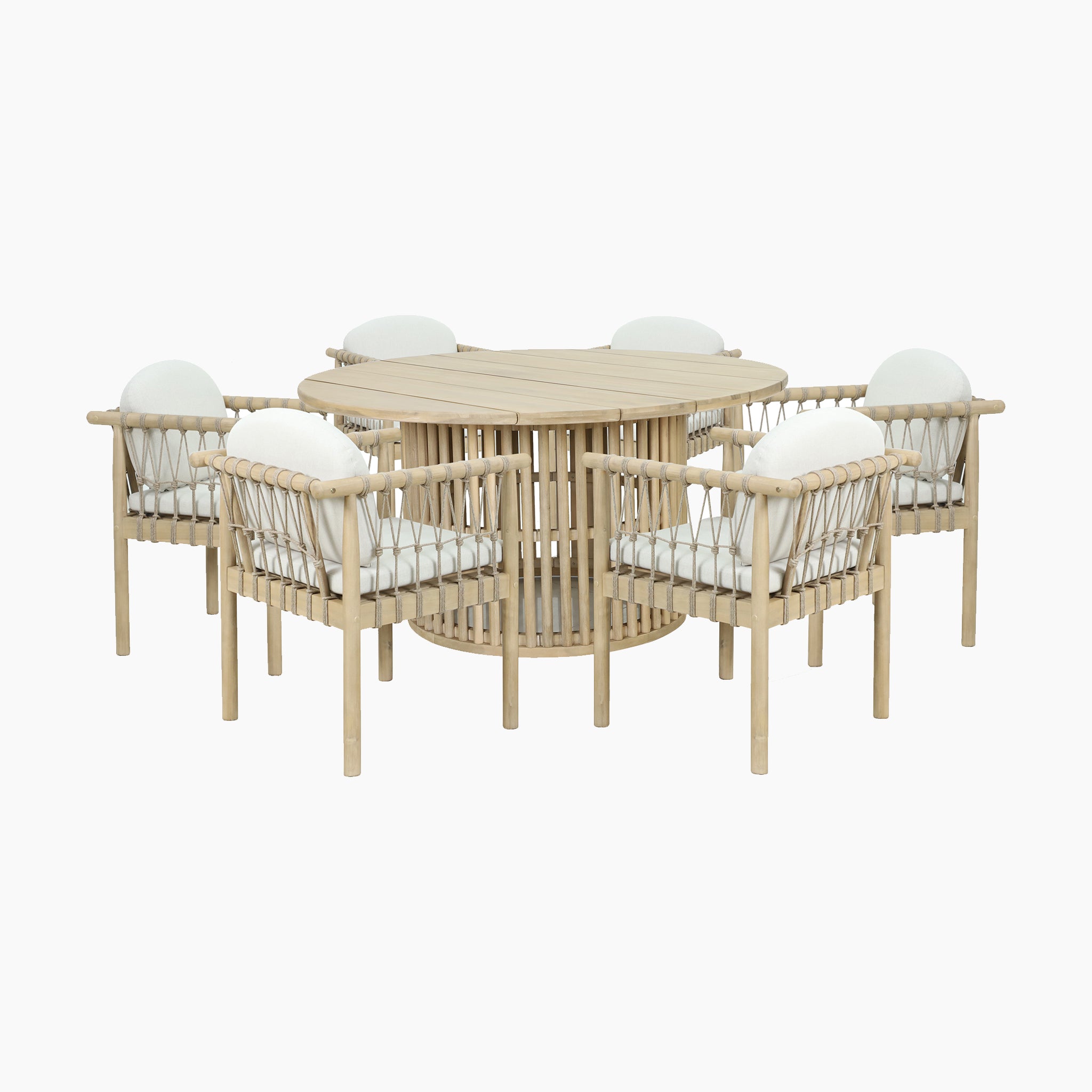Introducing the Paia 6 Seat Round Dining Set in Linen, featuring a striking acacia wood table and six chairs with white cushions and woven backrests, ideal for enhancing your outdoor space.