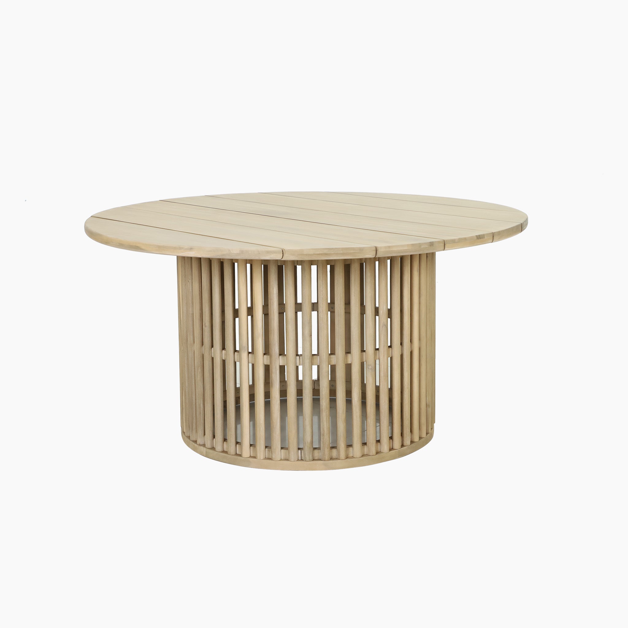 The Paia 6 Seat Round Dining Set in Linen features a round Acacia wood table with a slatted cylindrical base, blending style and natural beauty to enhance any outdoor space against a pristine white backdrop.