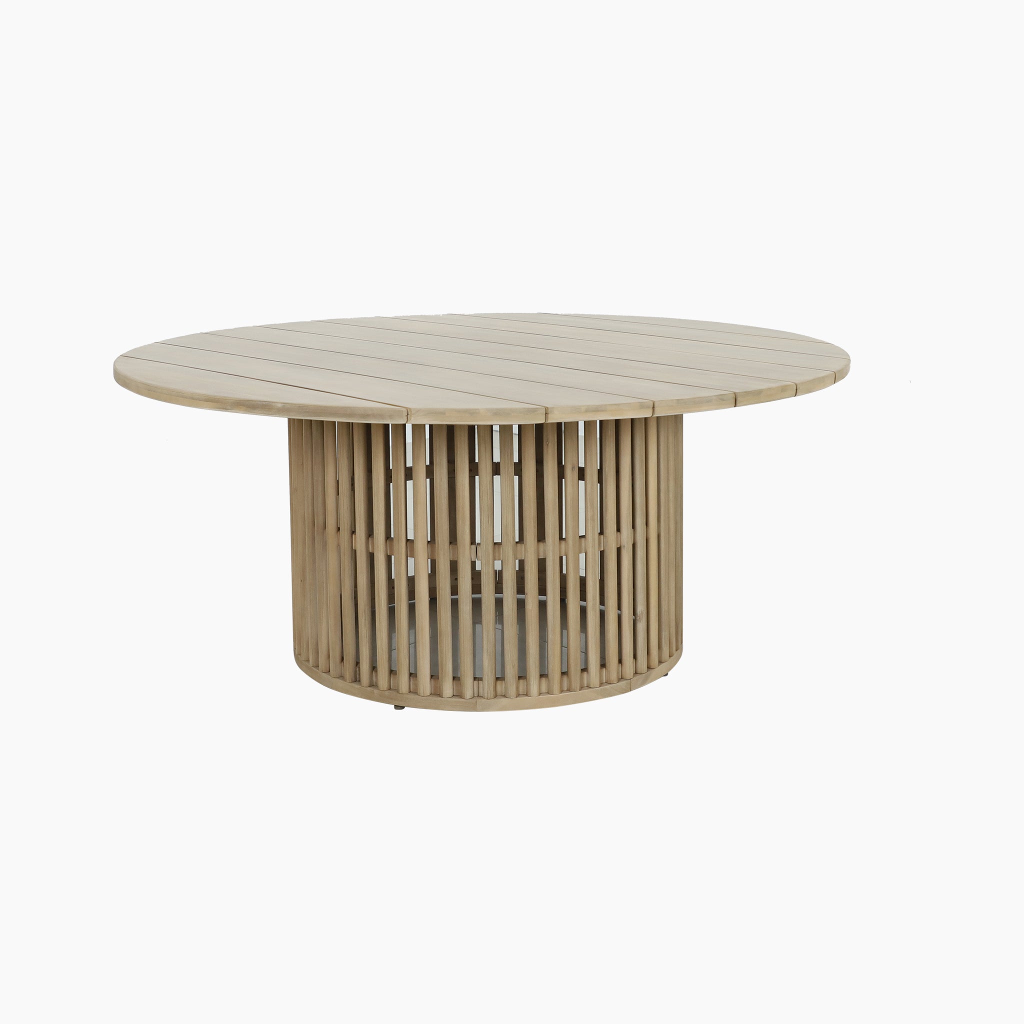 The Paia 8 Seat Round Dining Set in Linen features a round Acacia wood table with a slatted cylindrical base and light finish, crafted sustainably. Ideal for alfresco dining, it's designed to seamlessly blend into any outdoor setting.