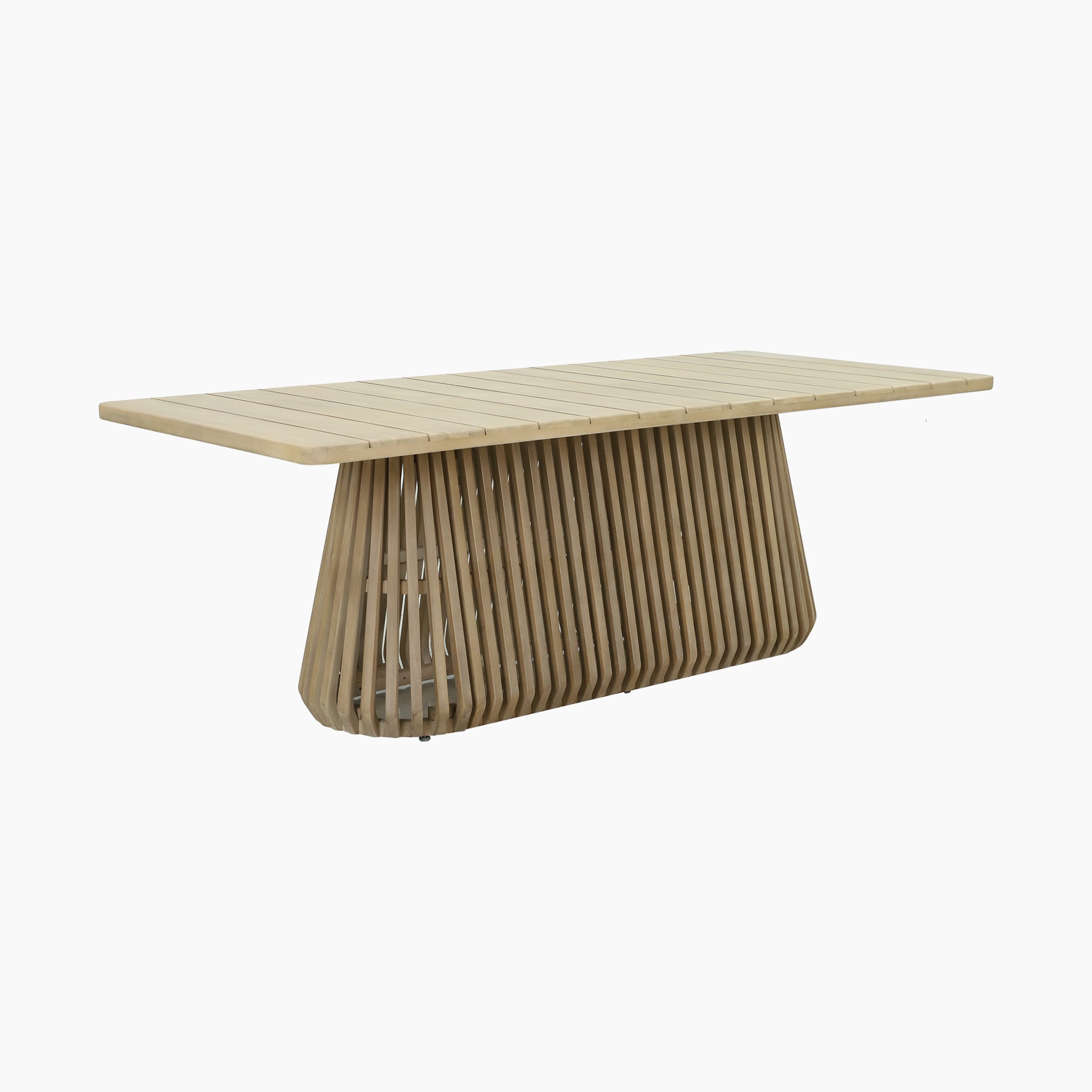 The Paia 8 Seat Rectangular Dining Set in Linen features an Acacia wood dining table with a slatted top and a uniquely curved, slatted base set against a white background.