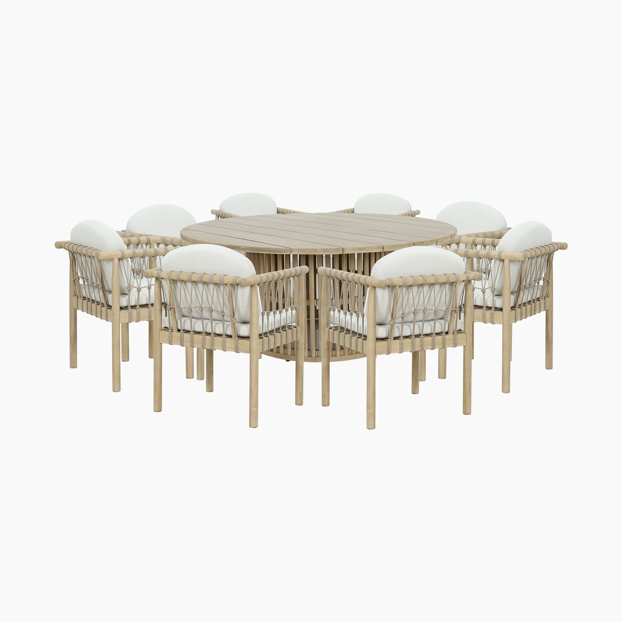 The Paia 8 Seat Round Dining Set in Linen offers alfresco dining with a wicker table and eight cushioned chairs, crafted from sustainably sourced Acacia wood, embodying style and eco-conscious living.
