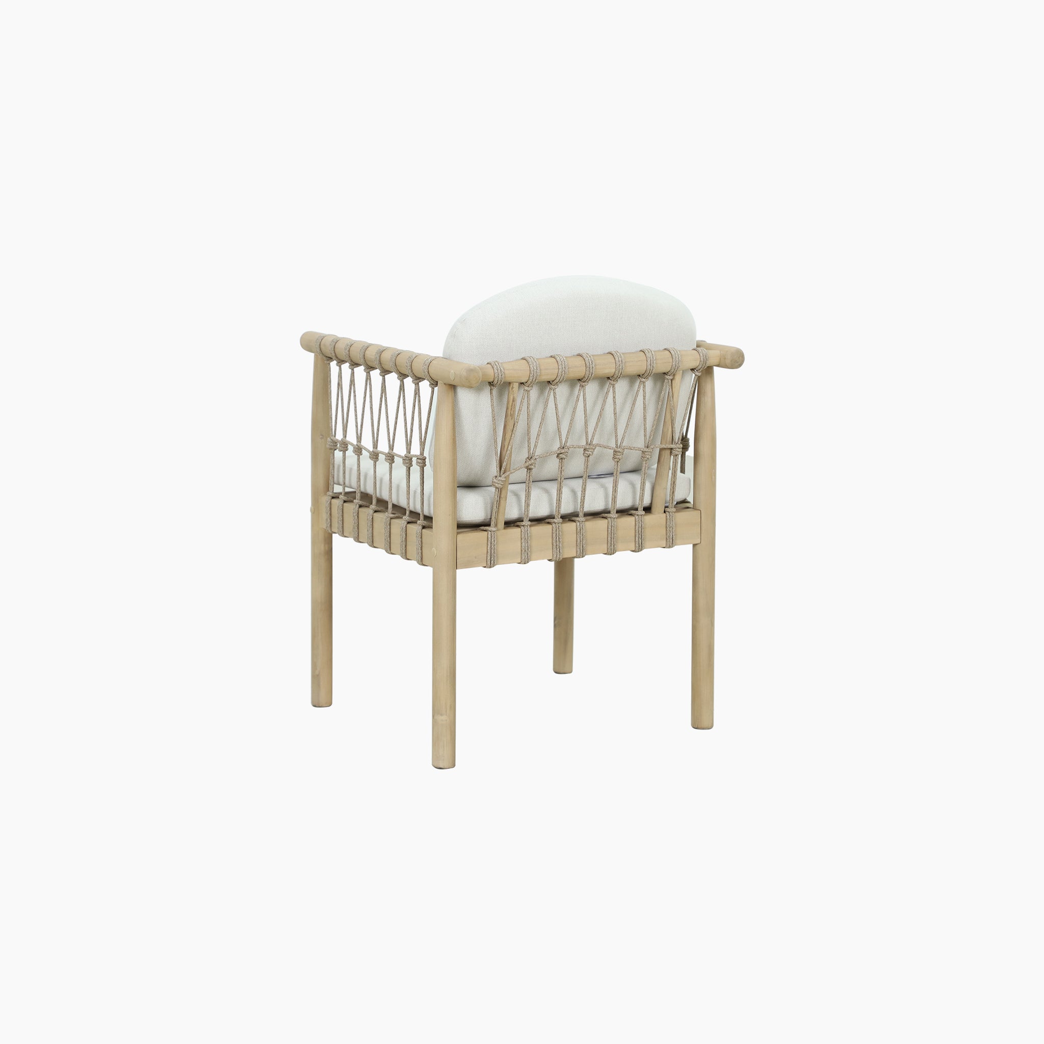 The Paia 8 Seat Rectangular Dining Set in Linen features modern bamboo chairs with white, water-resistant cushions, an open back, and woven detailing, ideal for an outdoor dining set on a plain white background.