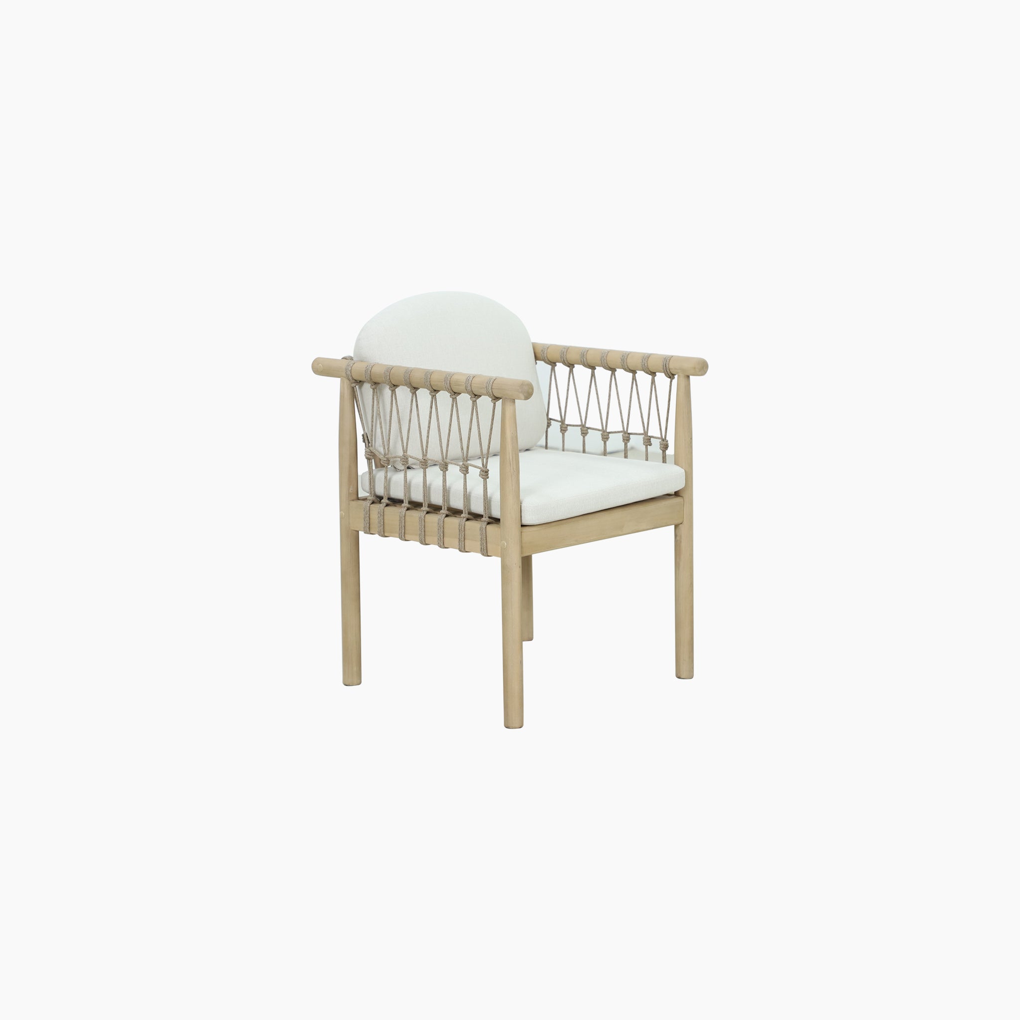 The Paia 8 Seat Rectangular Dining Set in Linen includes a modern Acacia wood chair with a water-resistant white cushion and elegant rope detailing, perfect for outdoor dining.