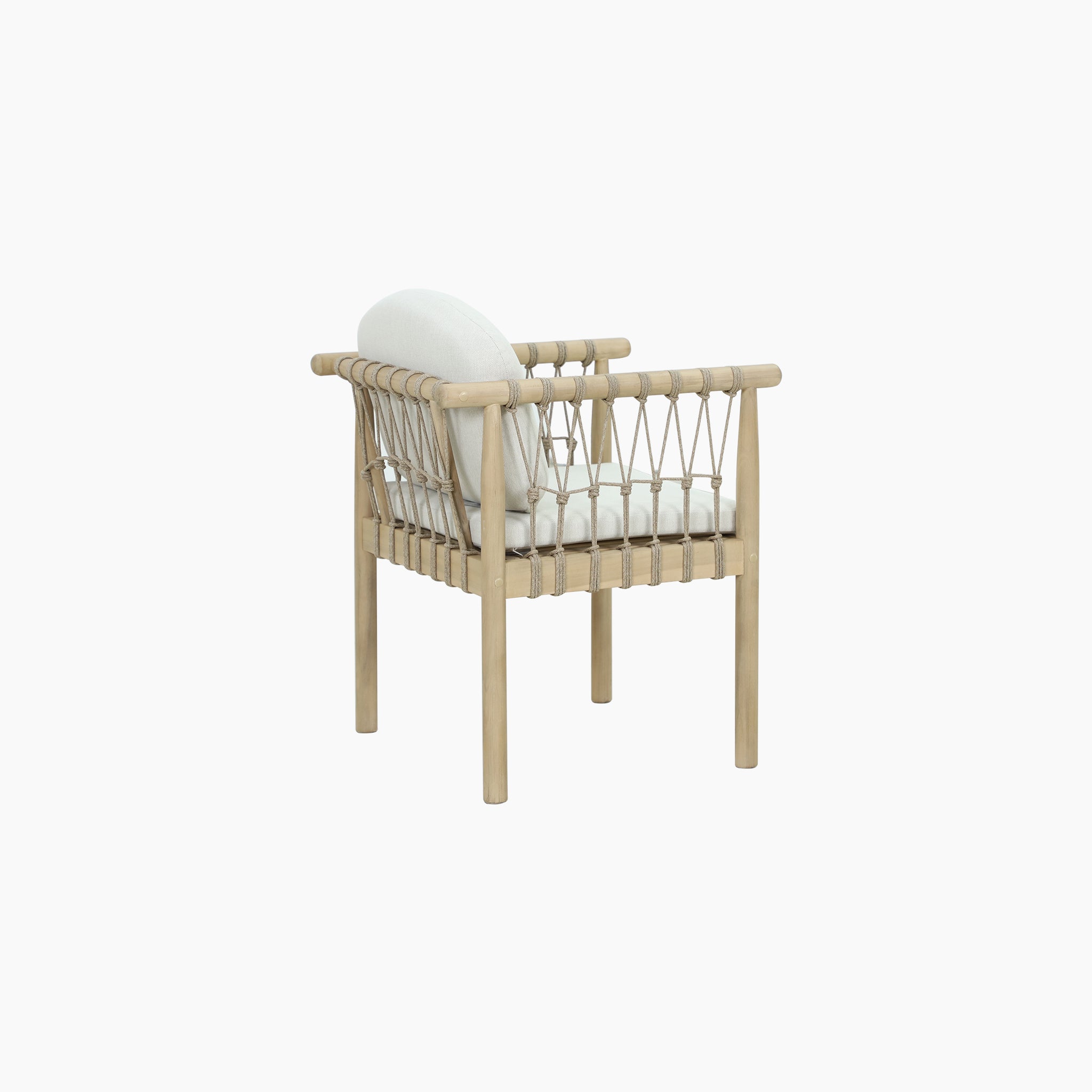 The Paia 8 Seat Rectangular Dining Set in Linen includes a sturdy acacia wood chair with a woven rope back and armrests, complete with plush white water-resistant cushions, ideal for enhancing your outdoor dining area.