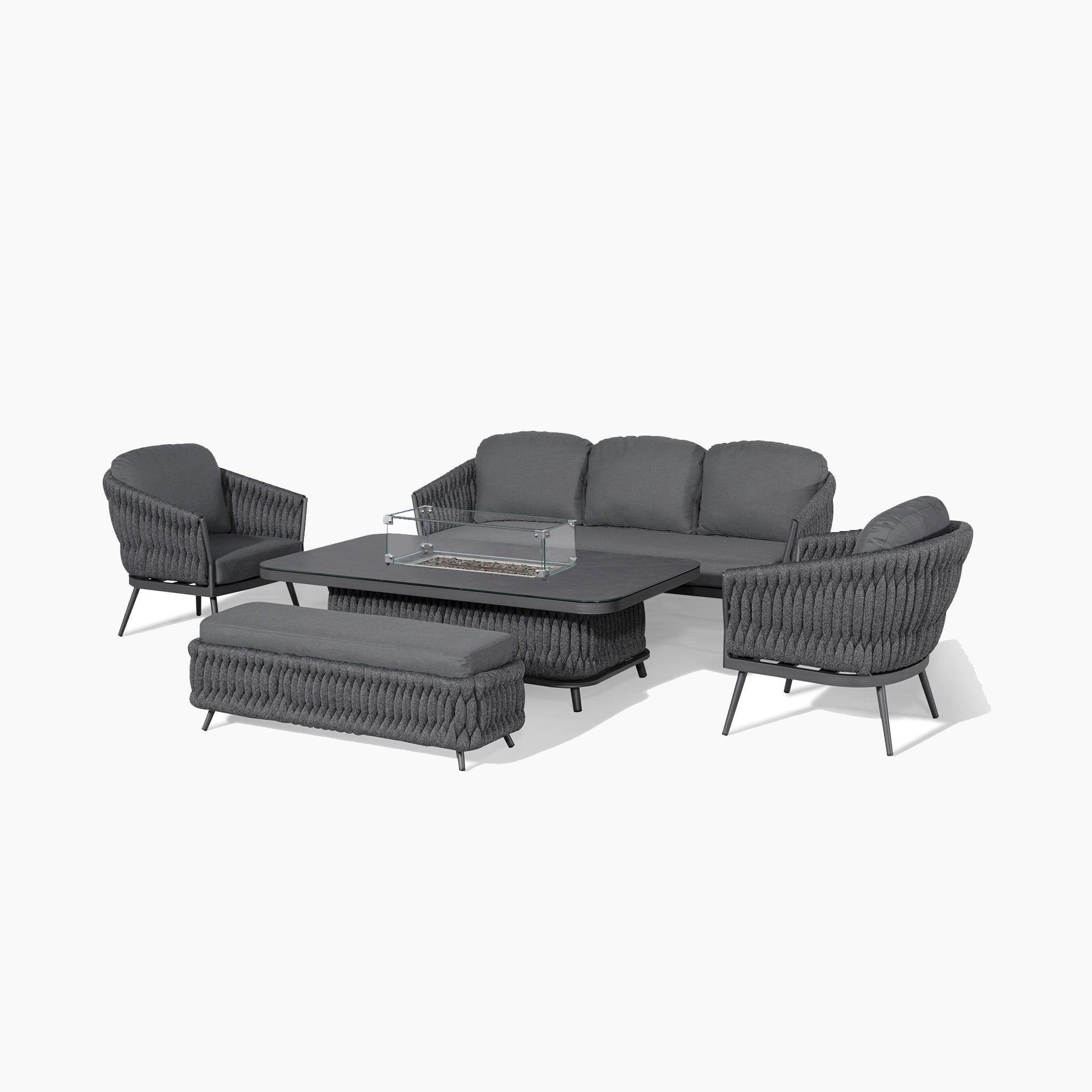 Palma 3 Seat Rope Sofa Set with Rising Firepit Table in Grey