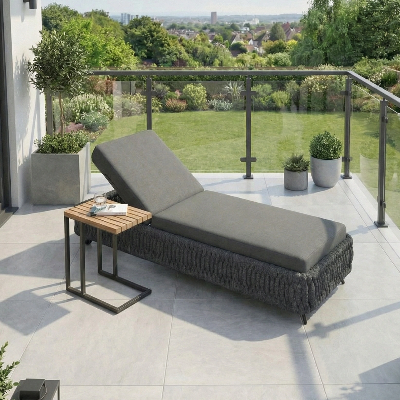 The Palma Rope Sun Lounger in Grey, featuring fade-resistant cushions, is paired with a small table on a sunny patio with glass railing, overlooking a lush green garden.