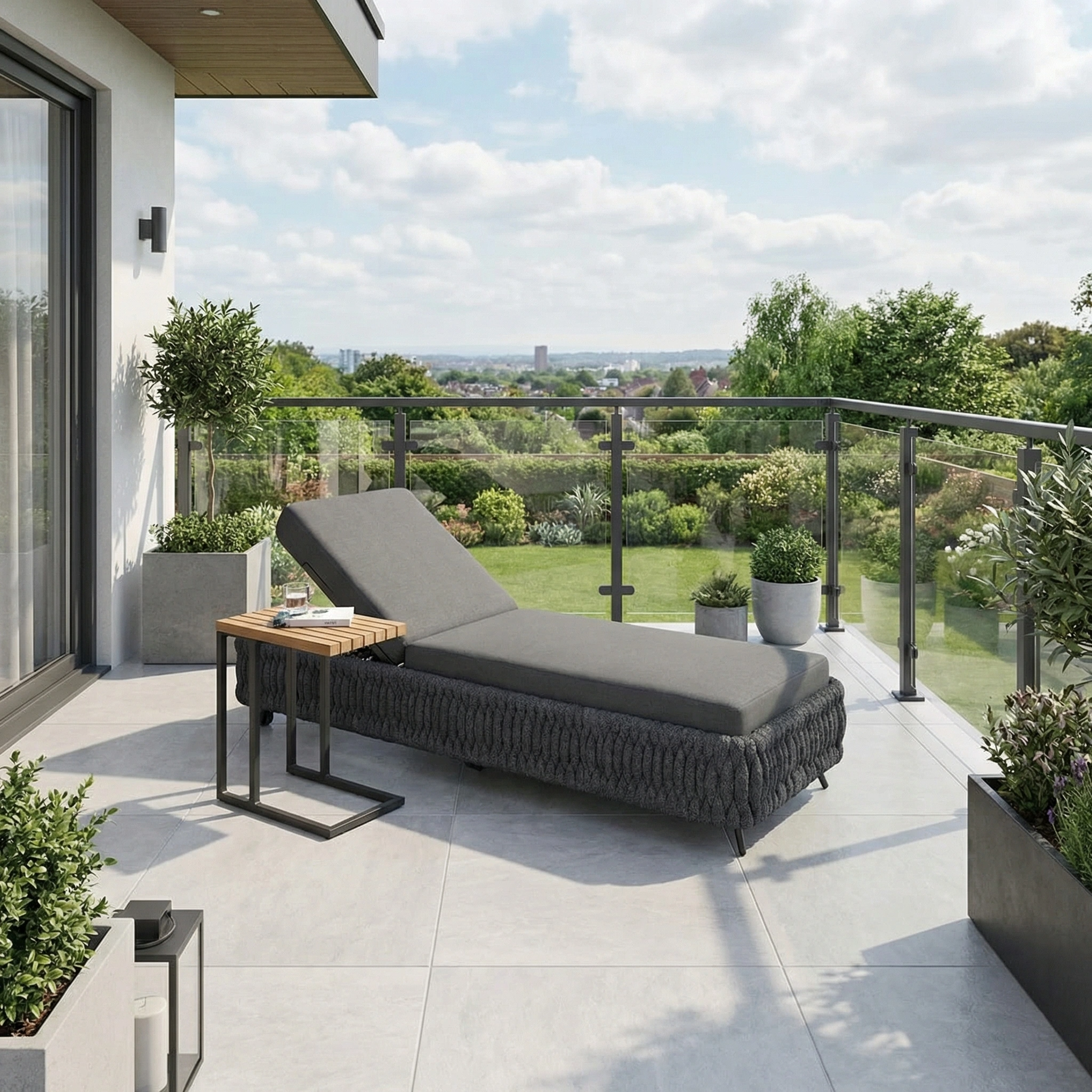 The Palma Rope Sun Lounger in Grey with a small table is set on a modern balcony overlooking a green garden and cityscape, featuring fade-resistant cushions for lasting comfort.