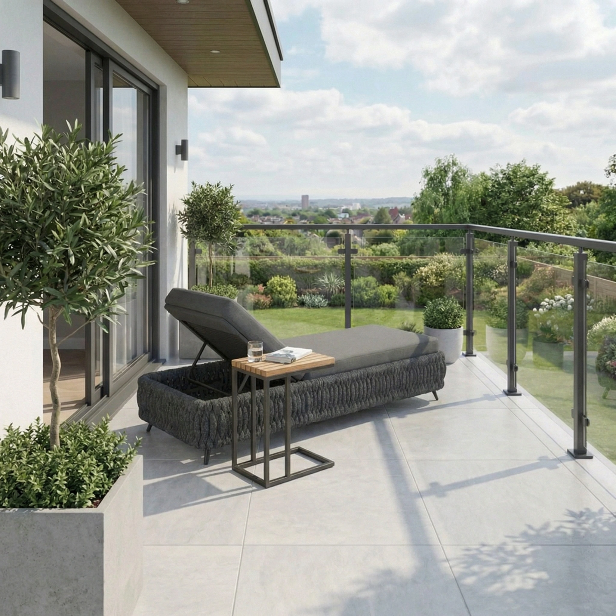 Modern patio with the Palma Rope Sun Lounger in Grey, featuring fade-resistant cushions, a side table, potted plants, and a glass railing overlooking a green landscape.