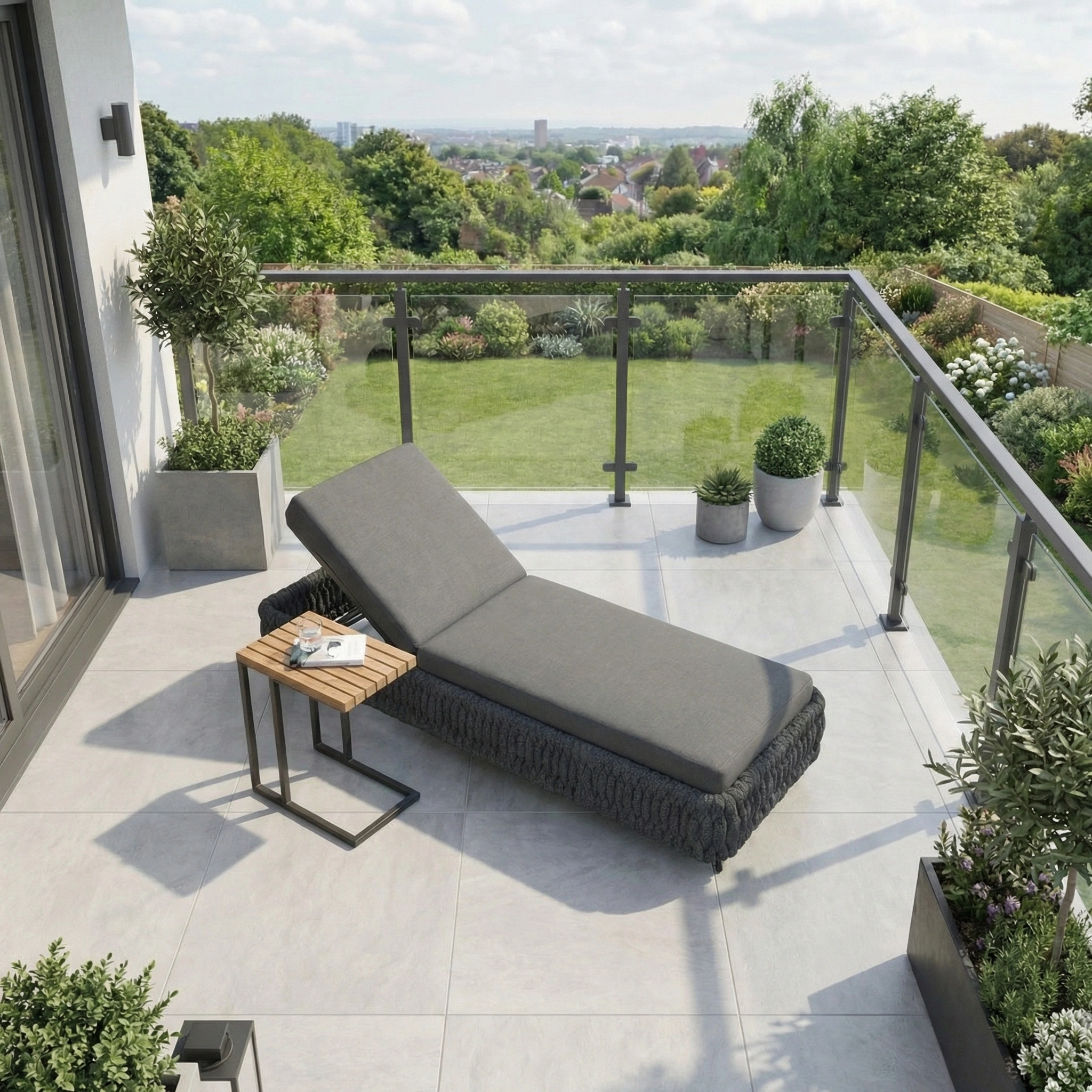 Palma Rope Sun Lounger in Grey with fade-resistant cushions alongside a small table on a modern balcony with glass railing, overlooking a lush green garden.
