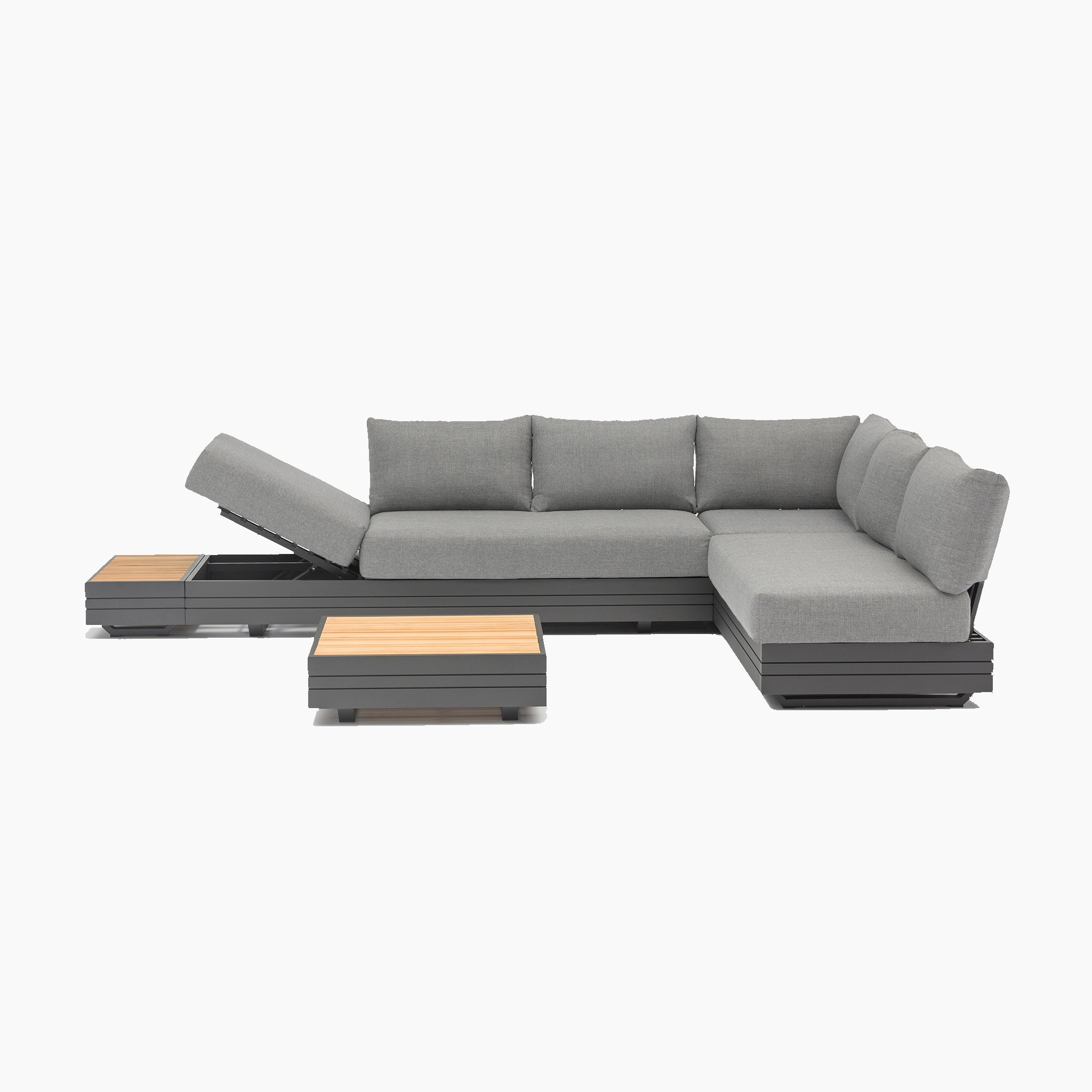 The Panama Luxury Outdoor L-Shape Corner Group Set in Washed Grey is a modern gray sectional sofa featuring adjustable backrests and integrated wooden tables on the sides and front, crafted from sustainable teak for a touch of luxury in your outdoor furniture.