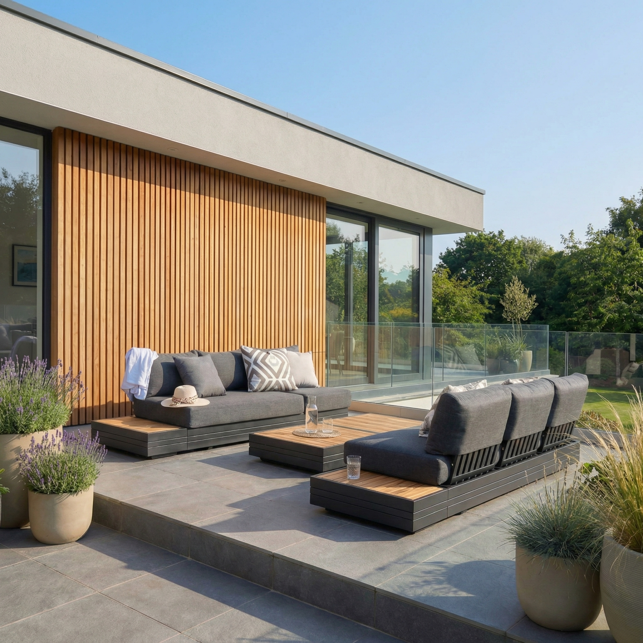 Modern patio with the Panama 3 Seat Sofa with Sun Lounger Feature in Charcoal, gray cushions, potted plants, and glass railing overlooking a garden.
