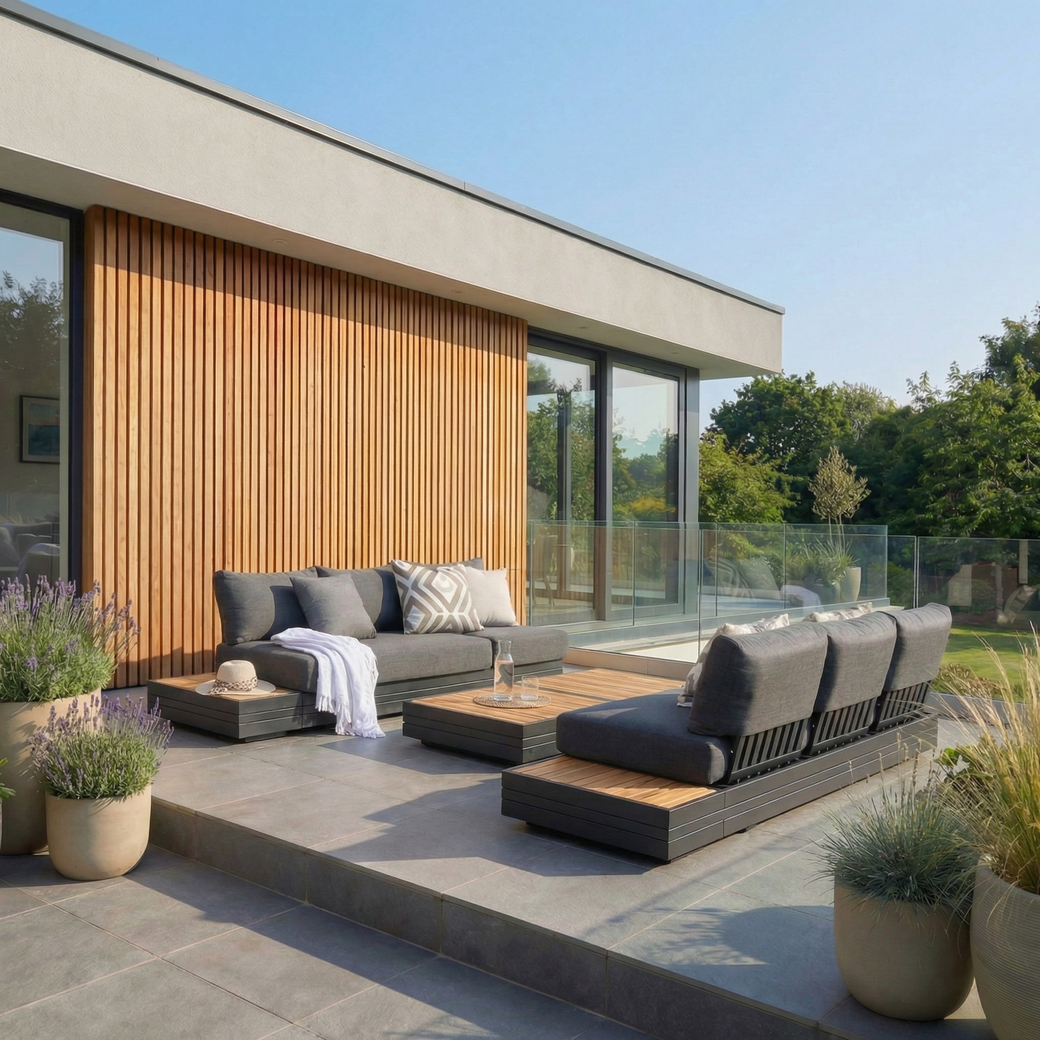 Contemporary patio showcasing the Panama 3 Seat Sofa with Sun Lounger Feature in Charcoal, complemented by potted plants and wooden paneling beside glass doors—ideal for sunny-day relaxation.