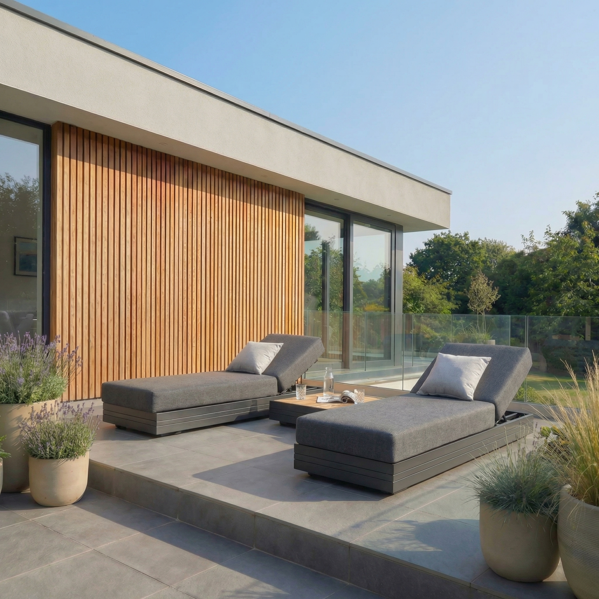 A Panama 3 Seat Sofa with Sun Lounger Feature in charcoal sits on a modern patio with potted plants, glass railing, and wooden siding under sunlight.