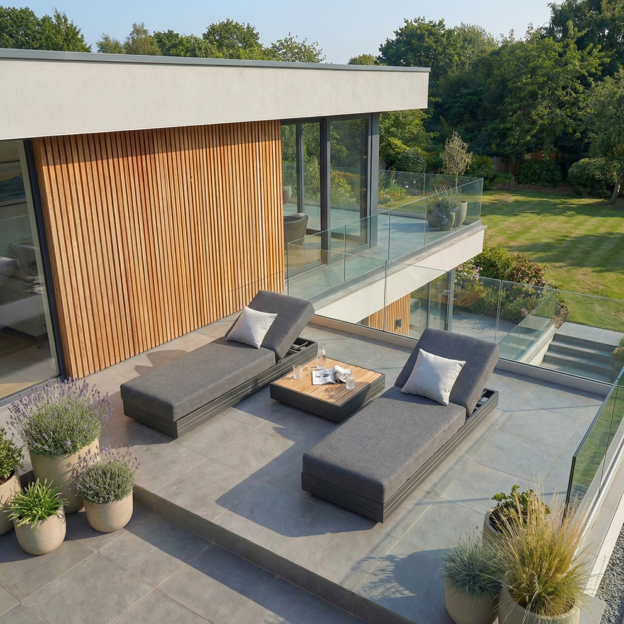 The Panama 3 Seat Sofa with Sun Lounger Feature in Charcoal is set on a modern patio beside gray lounge chairs with pillows, surrounded by potted plants and overlooking a grassy yard.