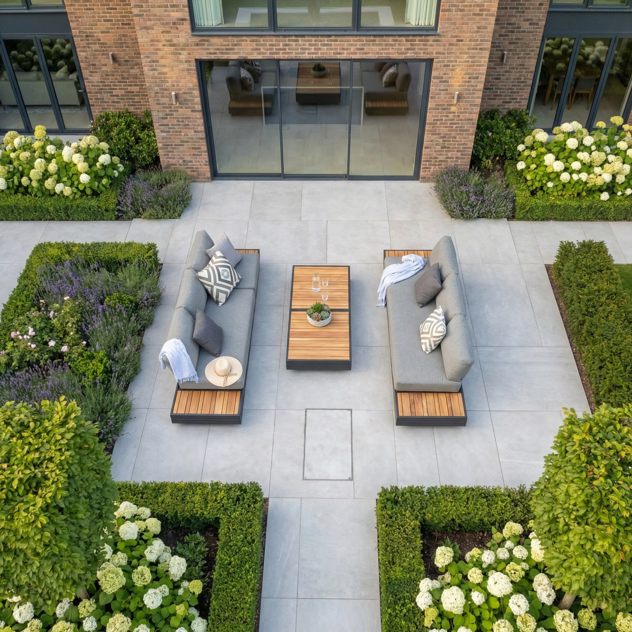 A modern patio with two Panama 3 Seat Sofas with Sun Lounger Feature in Washed Grey, a table, and manicured bushes creates an inviting outdoor setting in a formal garden.