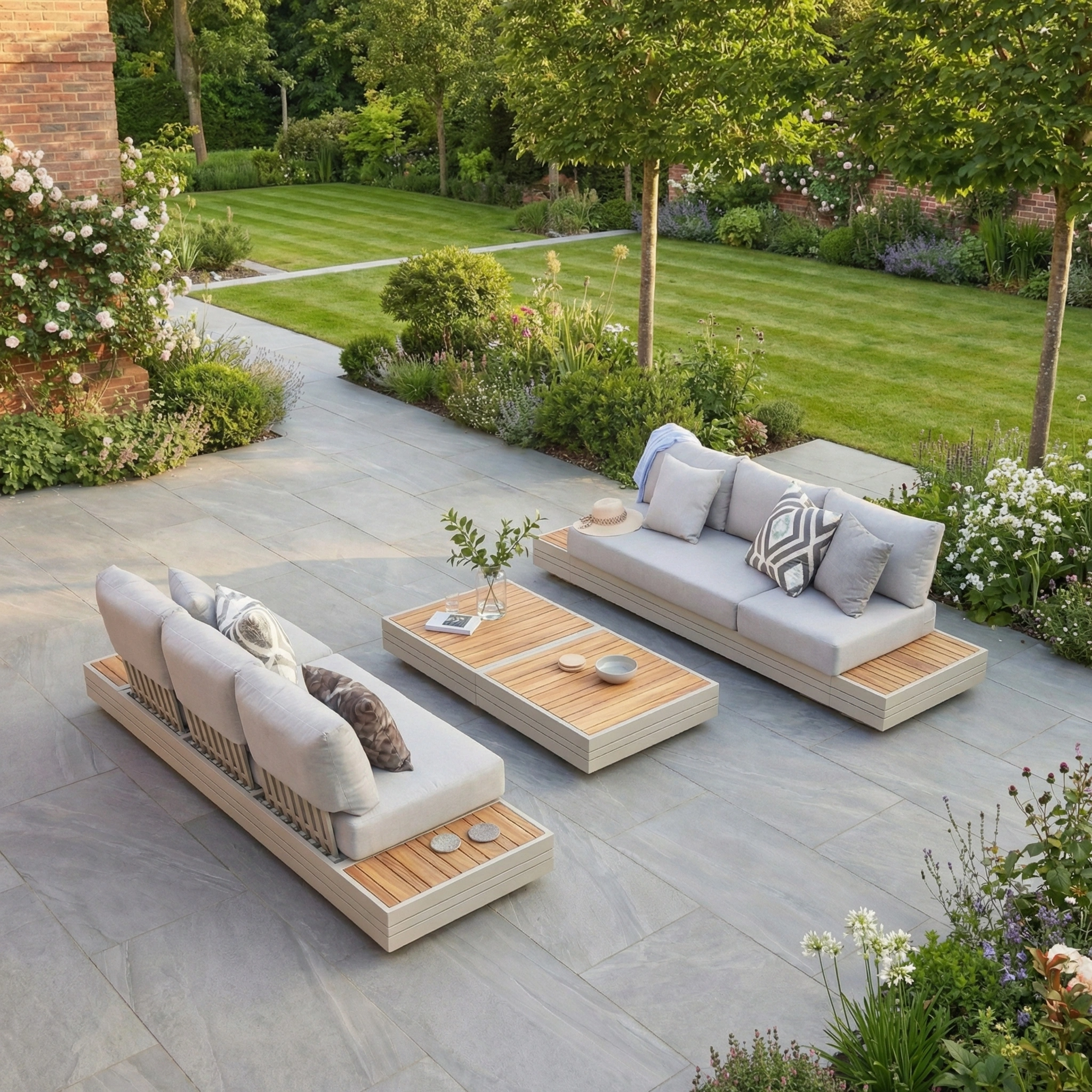Modern outdoor patio with a Panama 3 Seat Sofa featuring a Sun Lounger in Latte and a low table, set among lush gardens—ideal for relaxing or entertaining.