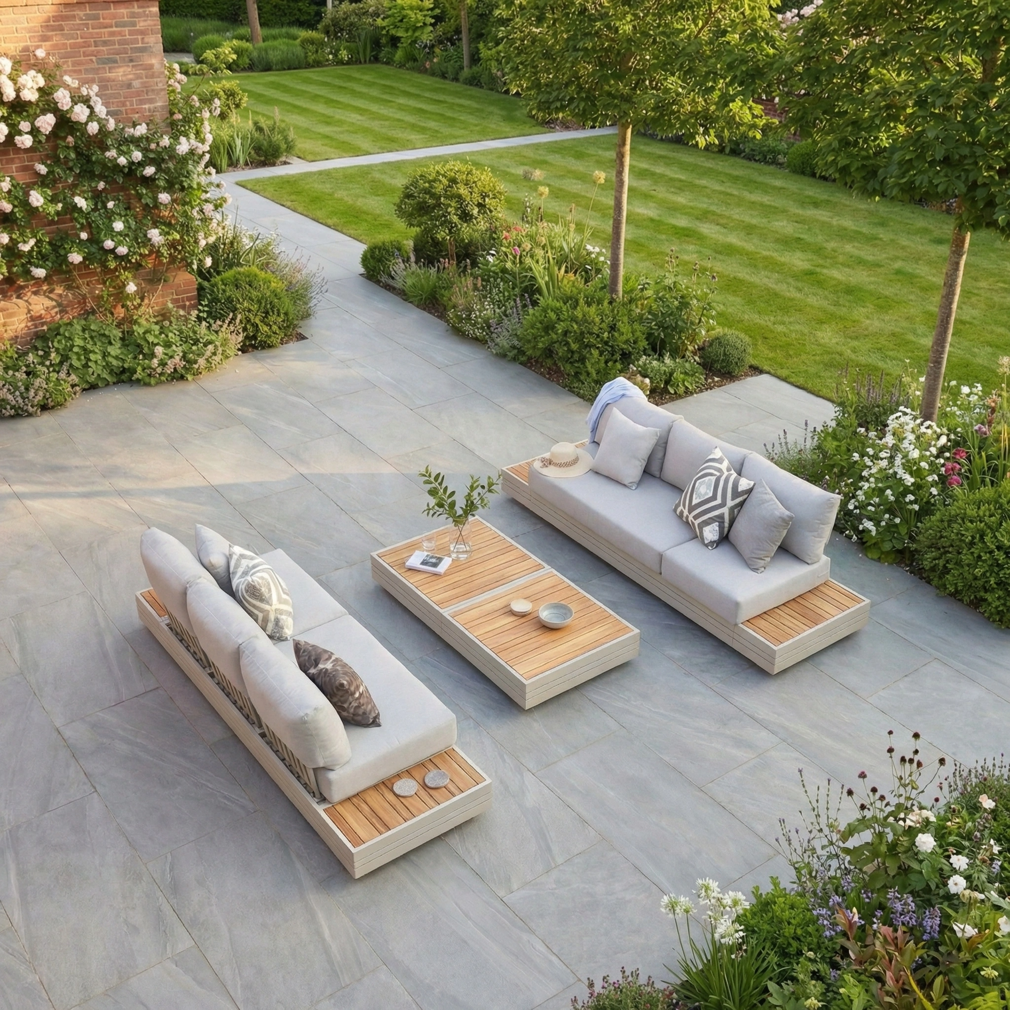 Modern patio featuring the Panama 3 Seat Sofa with Sun Lounger Feature in Latte, paired with a wooden coffee table and garden views—ideal for relaxing in style with this elegant outdoor sofa set.