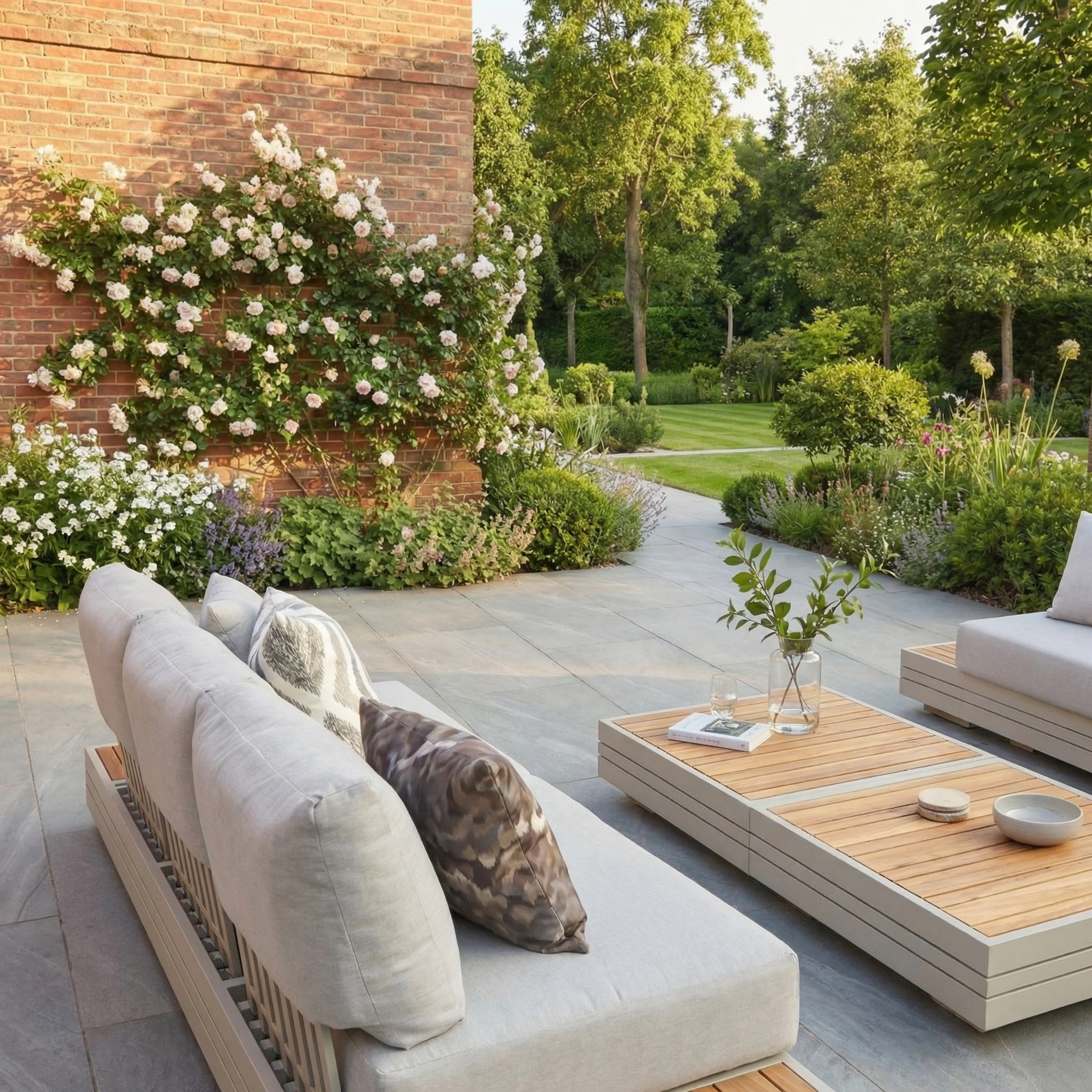 Modern patio with a Panama 3 Seat Sofa with Sun Lounger Feature in Latte, light gray seating, wooden tables, and a brick wall covered in blooming roses next to a green garden.