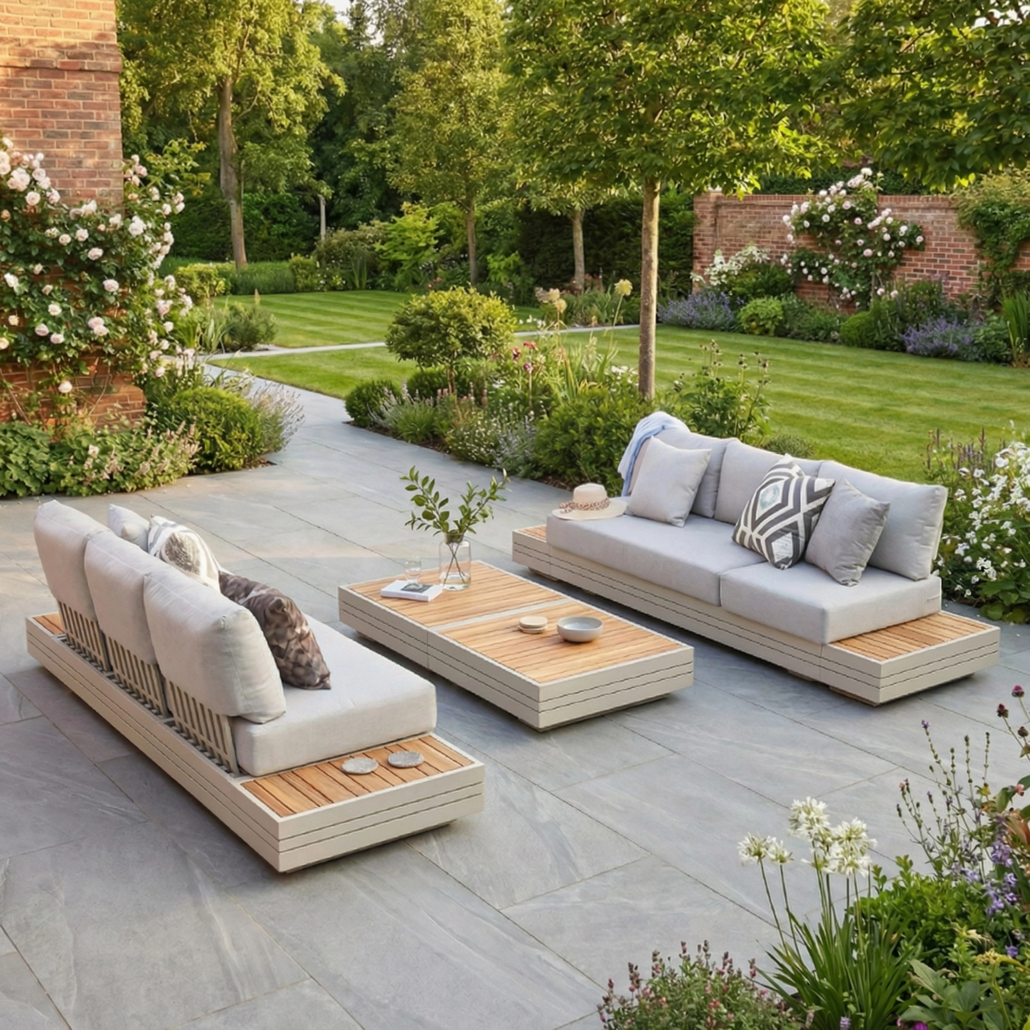 The Panama 3 Seat Sofa with Sun Lounger Feature in Latte enhances a stone patio, surrounded by blooming flowers, creating an inviting outdoor retreat for relaxation.