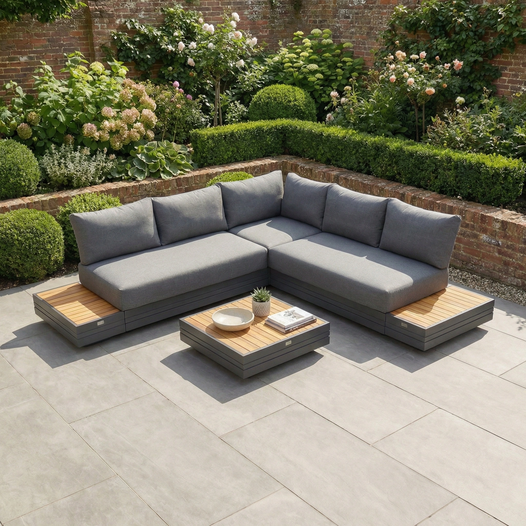 Modern outdoor patio featuring the Panama Luxury Outdoor Corner Group Set in Charcoal, a wooden coffee table, and lush garden views—perfect for relaxing with premium outdoor furnishings.