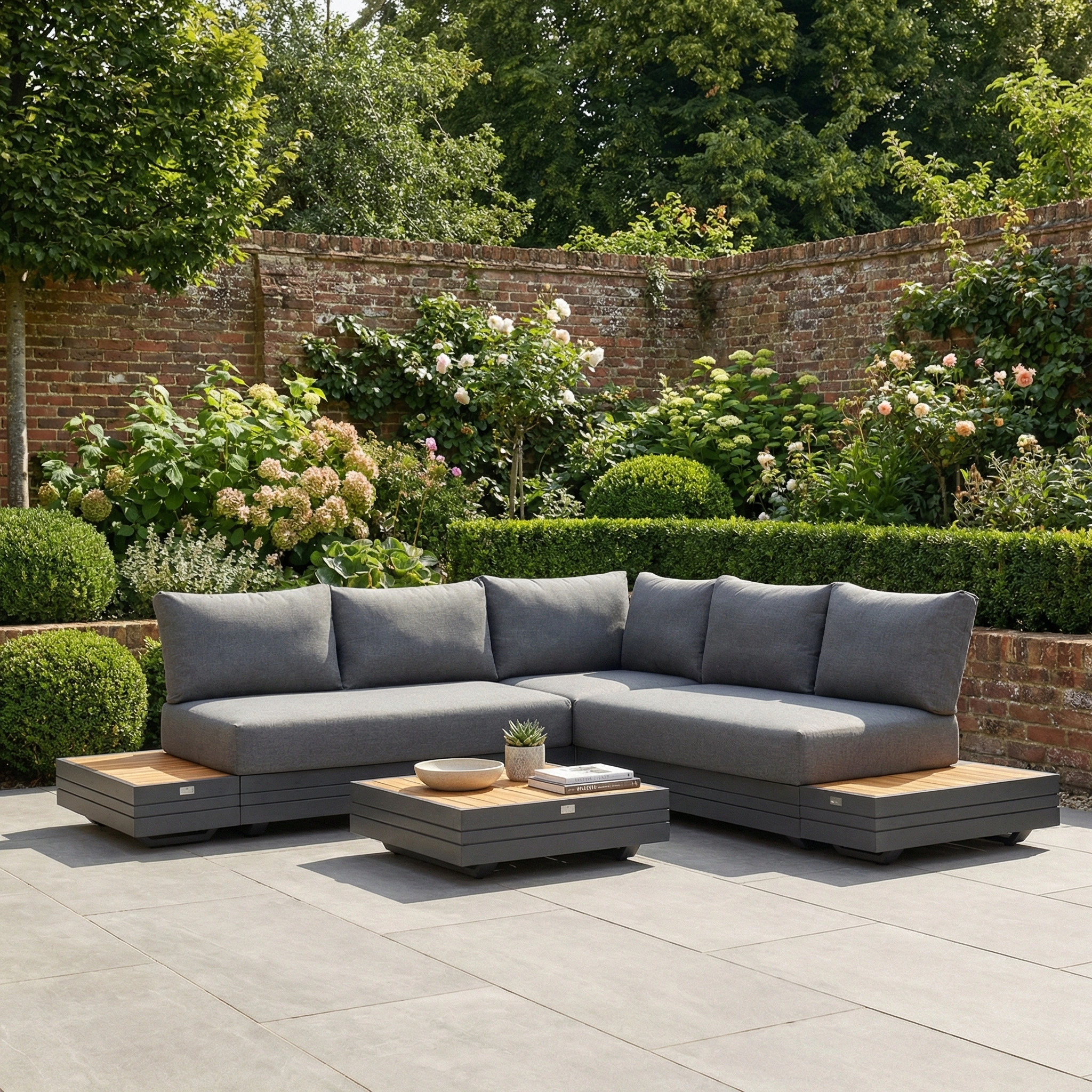 Transform your patio with the Panama Luxury Outdoor Corner Group Set in Charcoal—a sleek modular sofa and low table, set on a stone patio amid lush greenery and a brick wall. Enjoy modern comfort and style outdoors.