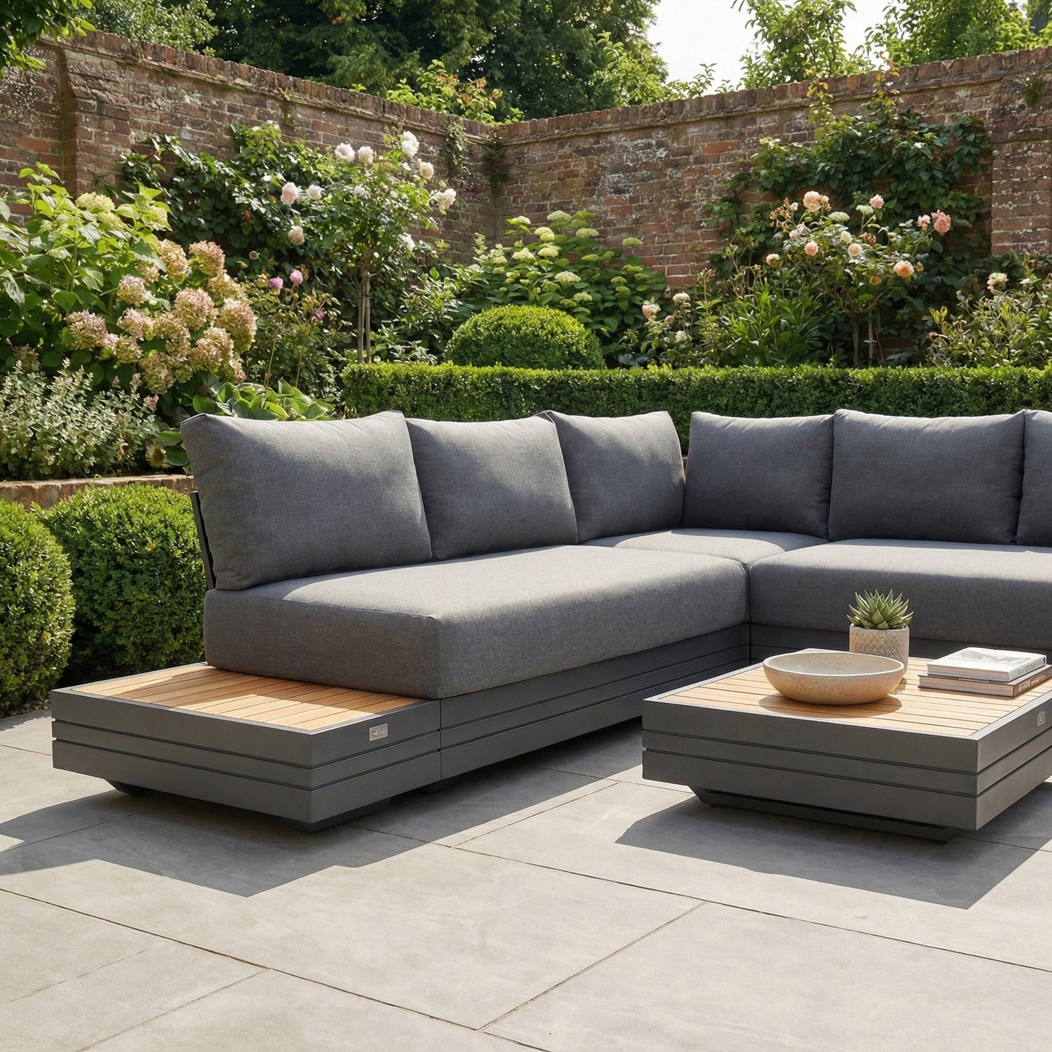 The Panama Luxury Outdoor Corner Group Set in Charcoal features modern gray modular seating with wooden accents, perfect for patios surrounded by lush gardens and brick walls, elevating your outdoor furniture style.