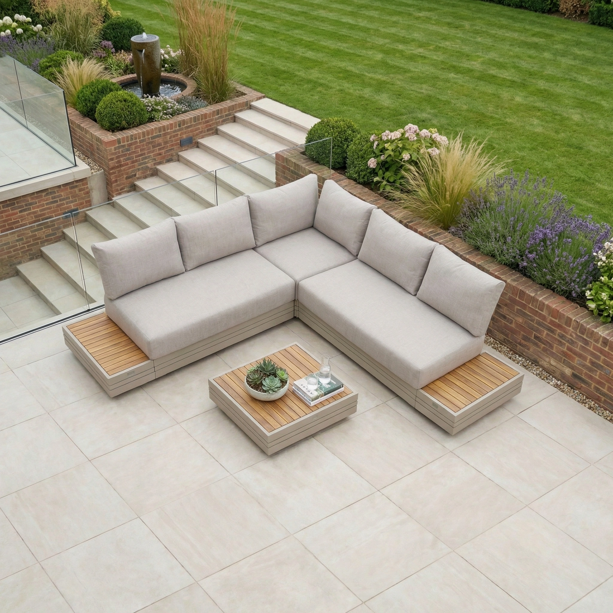 Modern outdoor patio styled with the Panama Luxury Outdoor Corner Group Set in Latte, a beige sectional sofa paired with a sustainable teak coffee table and landscaped garden—a true Harbour Lifestyle Panama retreat.