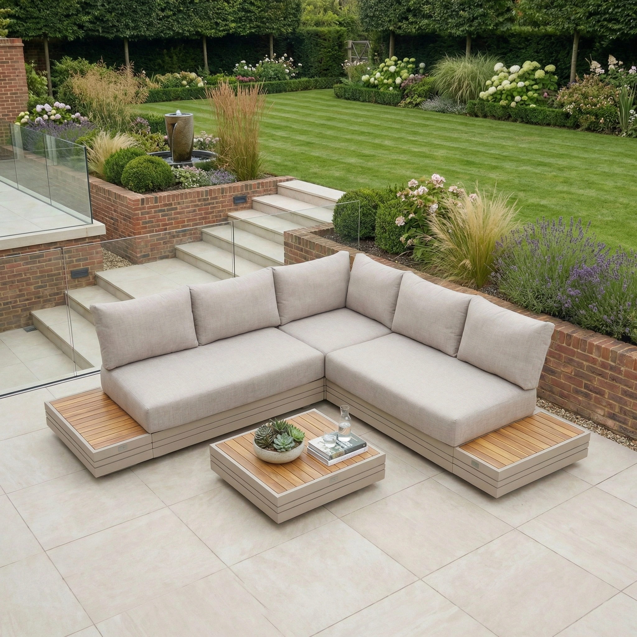 The Panama Luxury Outdoor Corner Group Set in Latte, featuring beige cushions and a low table on a tiled patio, offers a modular sofa design perfect for relaxed, stylish gatherings with views of your landscaped garden.