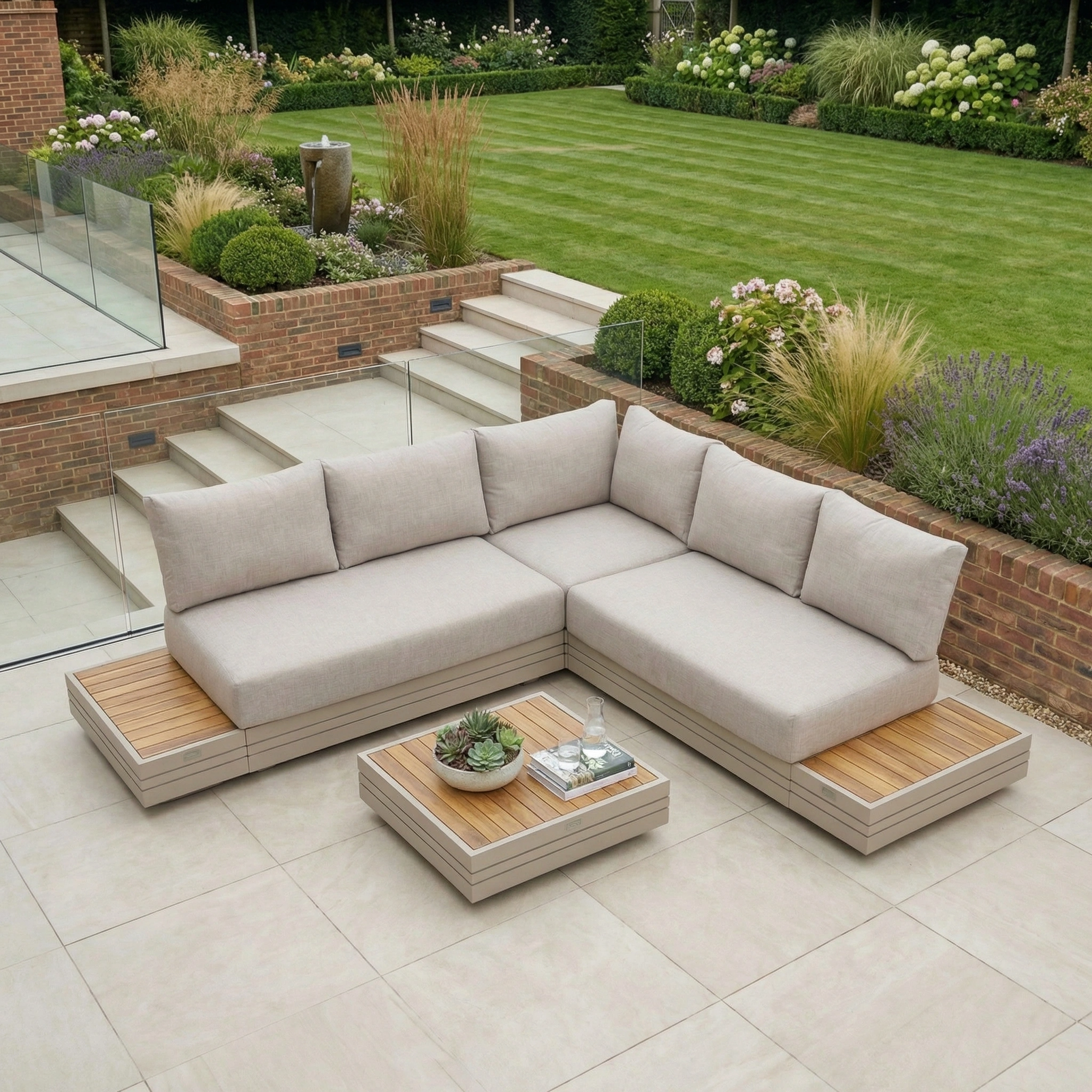 Modern outdoor patio with a Panama Luxury Outdoor Corner Group Set in Latte, featuring a beige sectional sofa in sustainable teak, low wooden table, and lush green garden in the background.