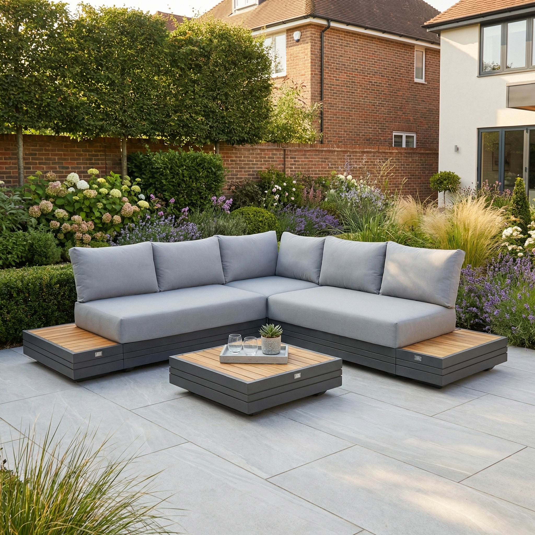Panama Luxury Outdoor Corner Group Set in Washed Grey with grey cushions and a low table enhances any garden. Crafted from sustainable teak, this stylish modular outdoor sofa offers lasting elegance for your patio or landscaped space.