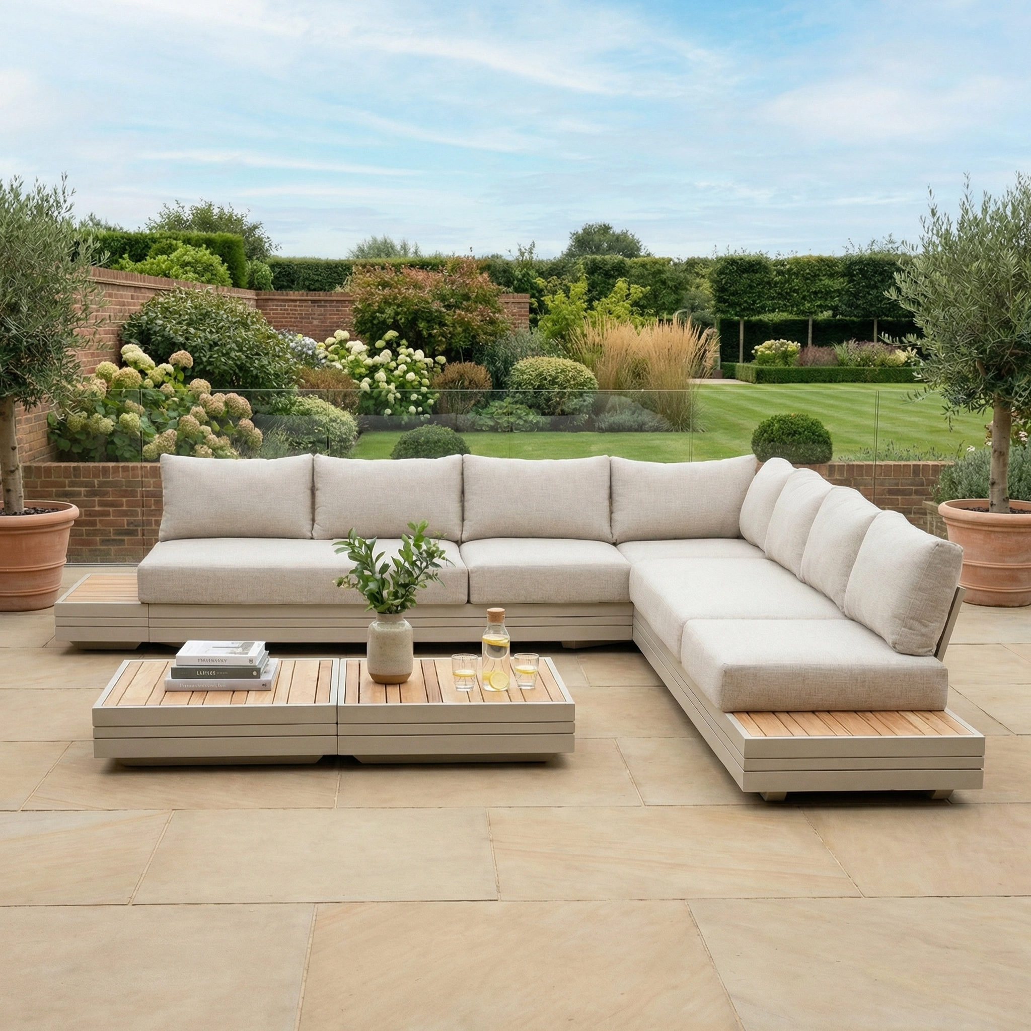 Modern outdoor patio with a Panama Luxury Outdoor Large Corner Group Set in Latte, a low wooden table, and a lush green garden in the background.