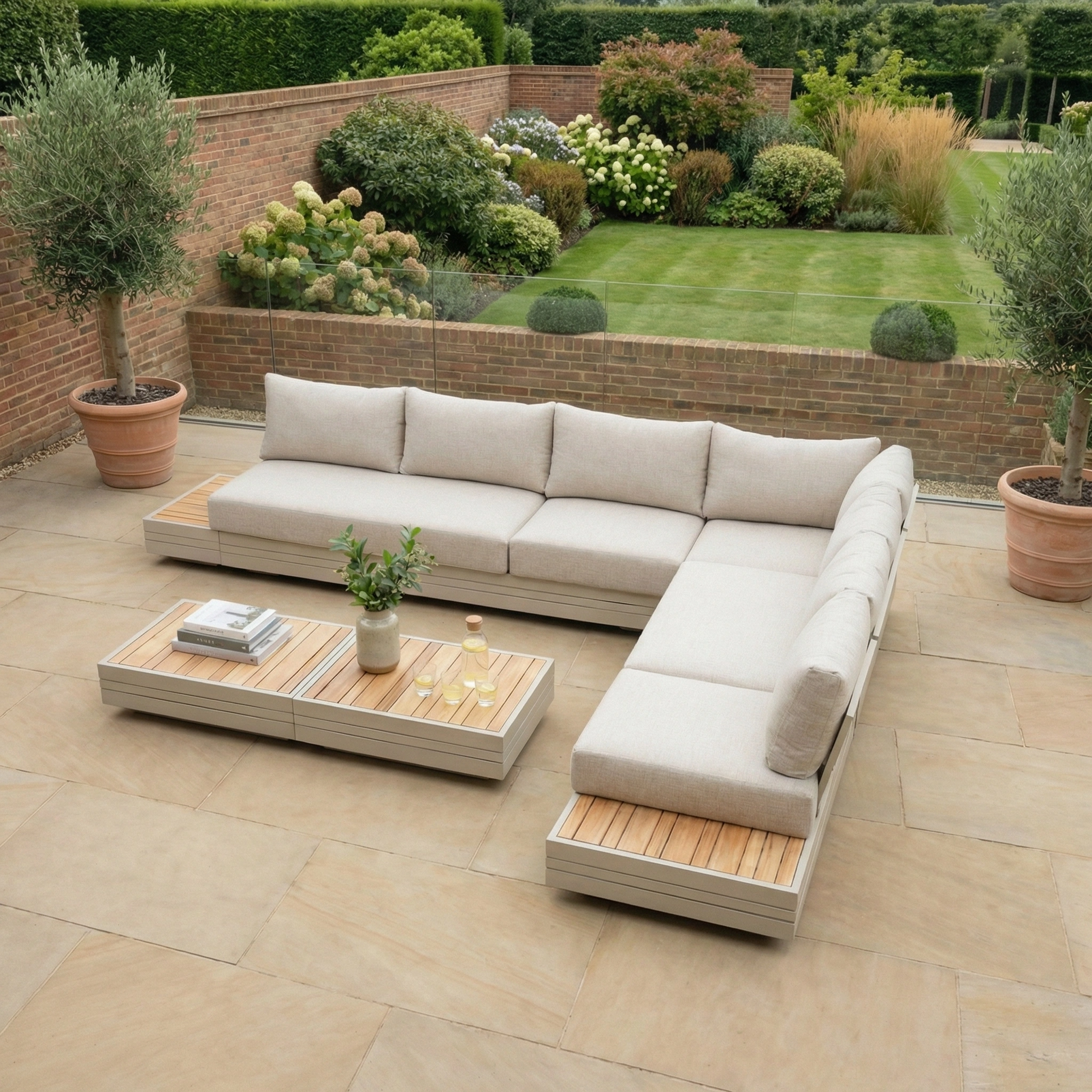 Modern outdoor patio featuring the Panama Luxury Outdoor Large Corner Group Set in Latte, paired with wooden coffee tables and a lush garden backdrop, blending style and comfort.