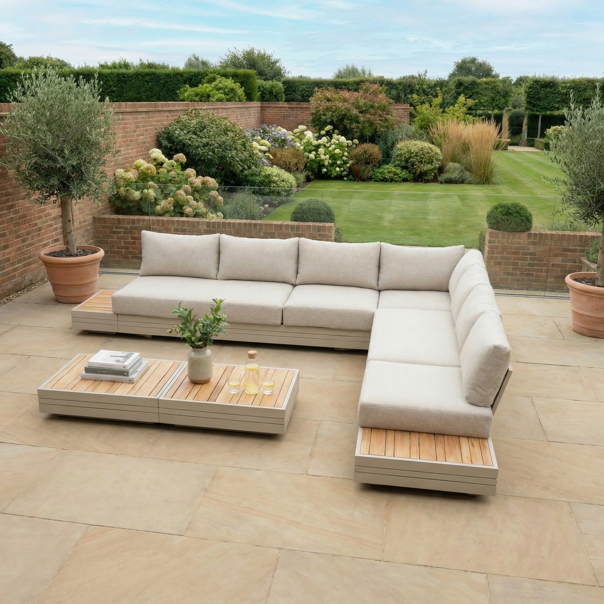 The Panama Luxury Outdoor Large Corner Group Set in Latte with a low table sits on a stone patio, showcasing weatherproof aluminium furniture against a lush green garden backdrop.