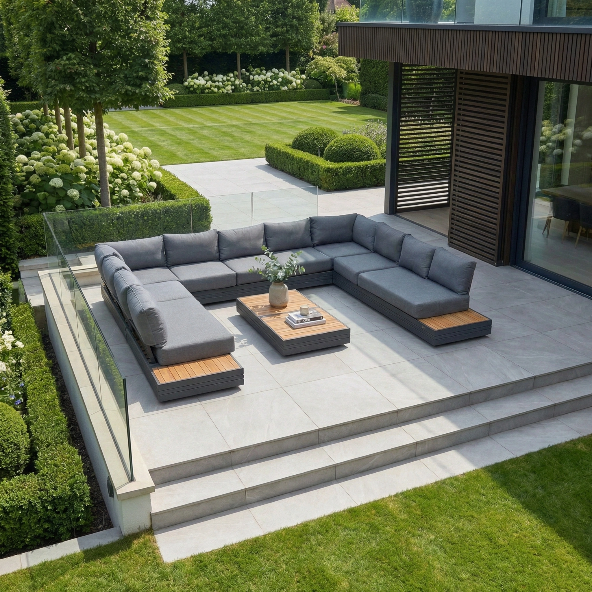 Modern patio featuring the Panama Luxury Outdoor Large U-Shape Corner Sofa Set in Charcoal, a sleek coffee table, and a lush green garden backdrop—an ideal setting for relaxing with premium garden furniture.