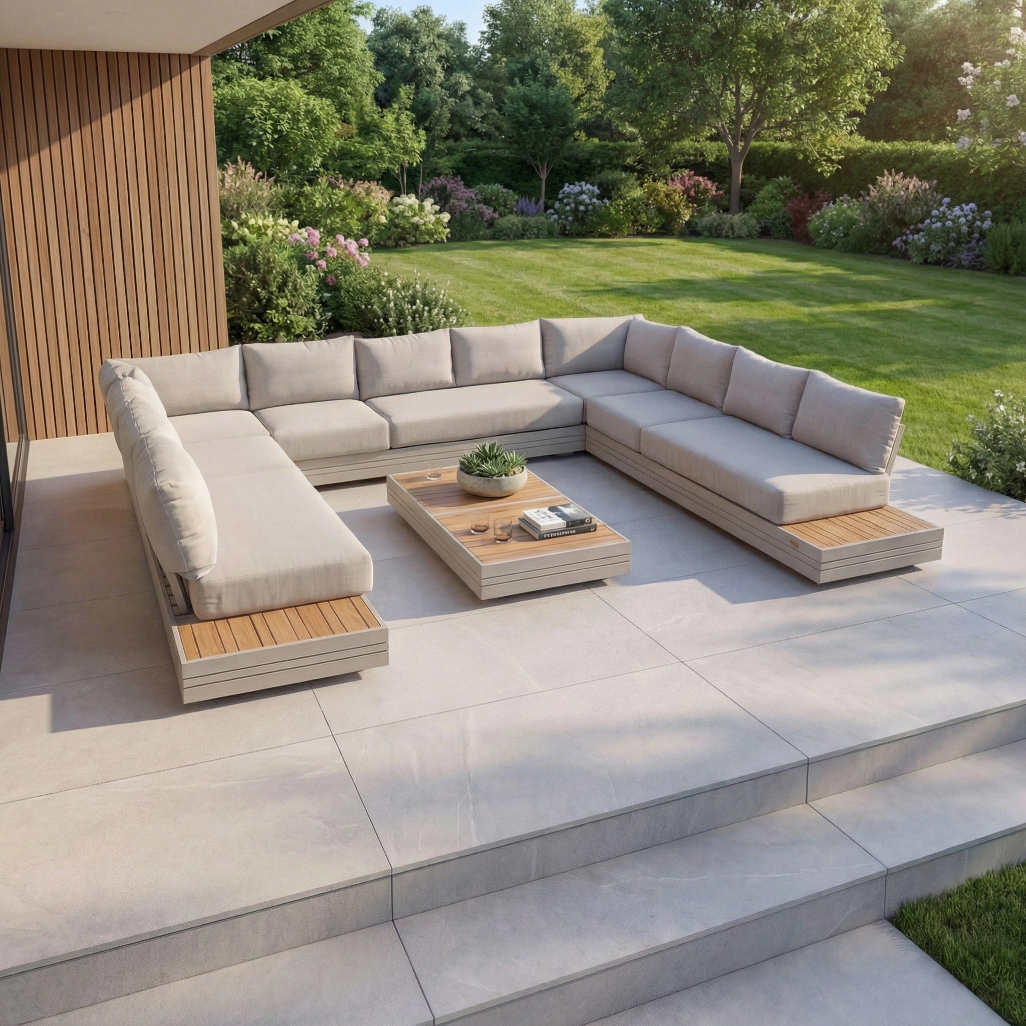 Modern outdoor patio featuring the Panama Luxury Outdoor Large U-Shape Corner Sofa Set in Latte, paired with teak coffee tables and a lush green garden in the background.