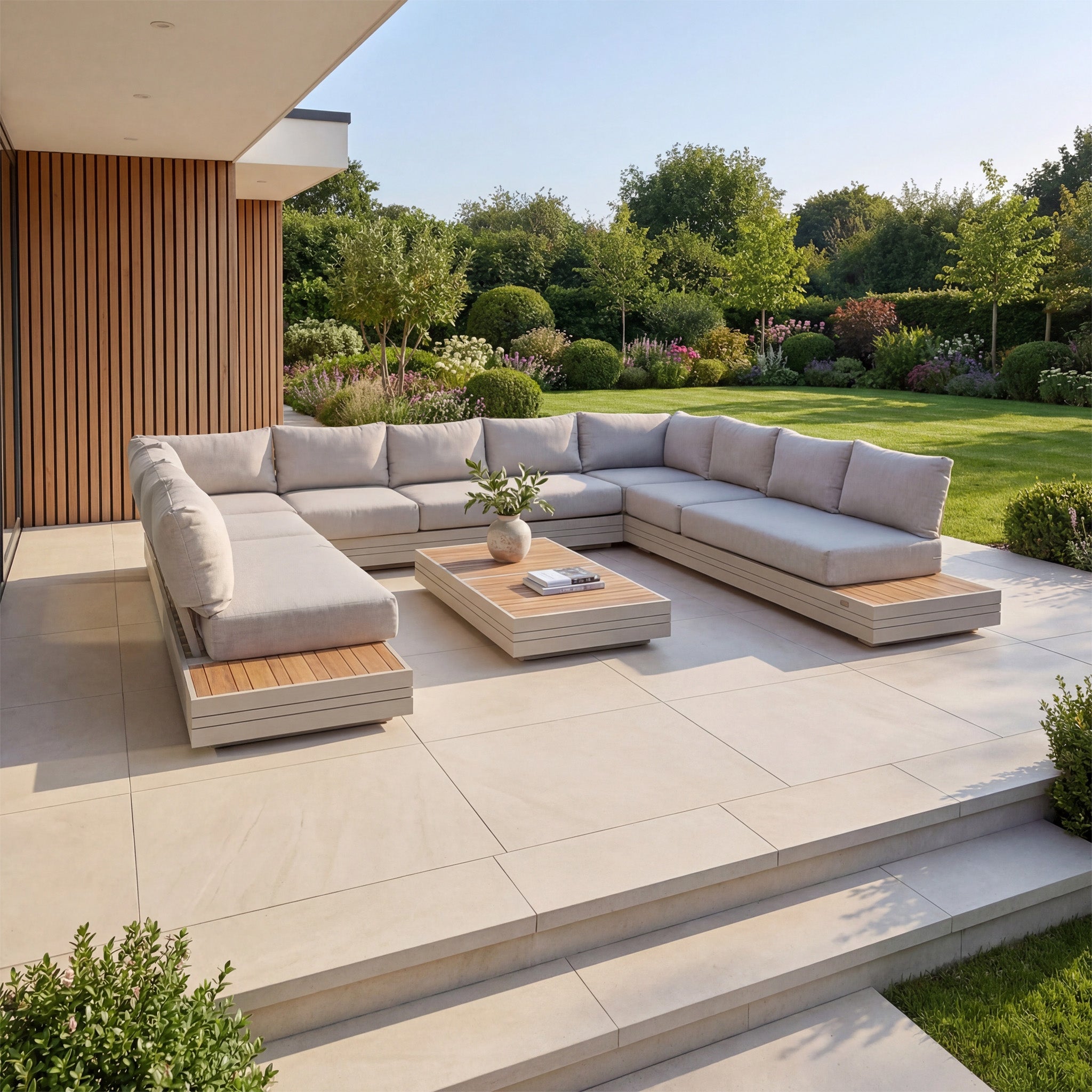 Modern outdoor patio with a luxury setup featuring the Panama Luxury Outdoor Large U-Shape Corner Sofa Set in Latte, a teak coffee table, and a lush green garden in the background.