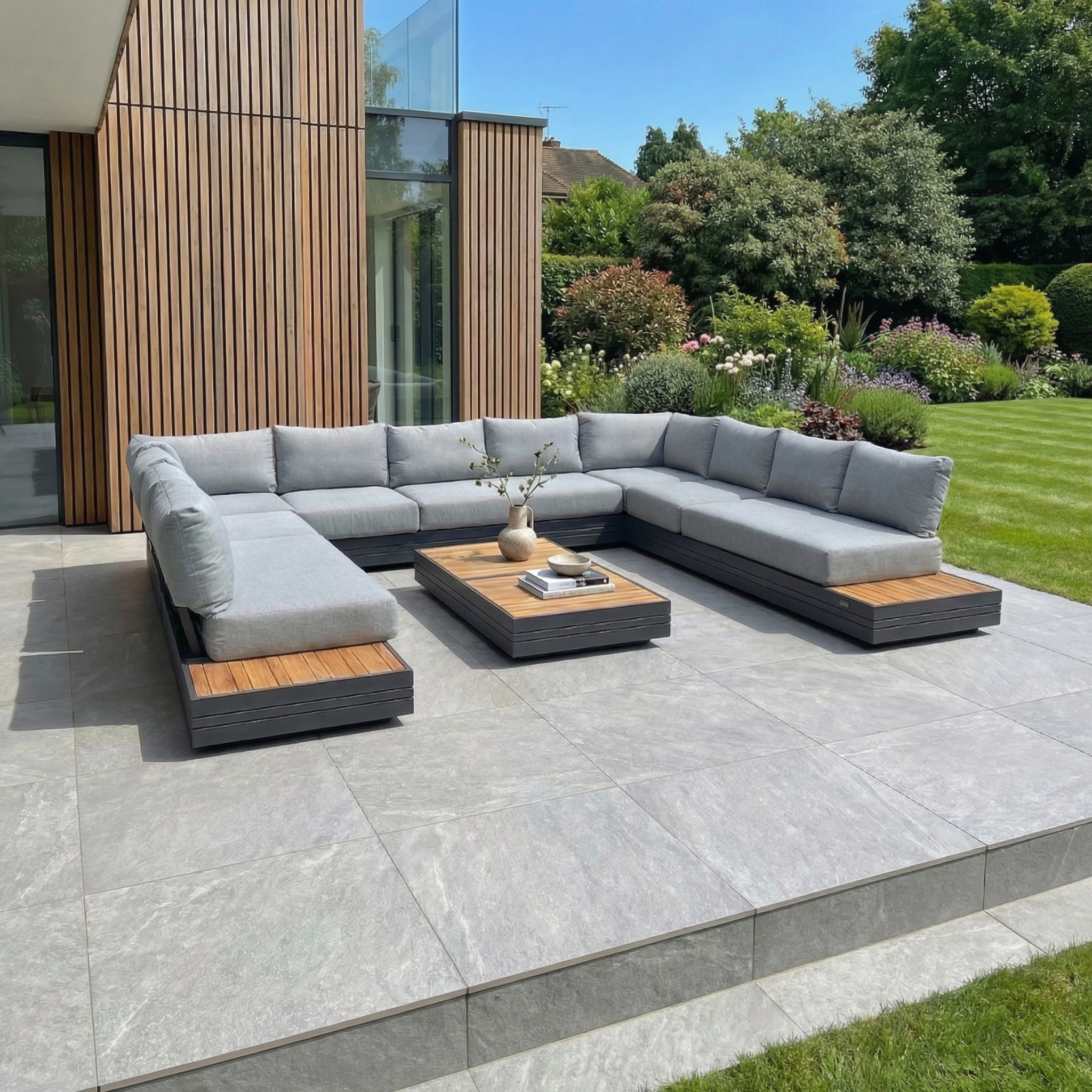 Modern outdoor patio featuring the Panama Luxury Outdoor Large U-Shape Corner Sofa Set in Washed Grey and garden views on a sunny day.