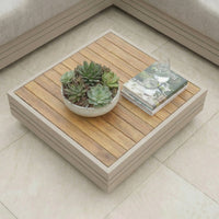 The Panama Teak Coffee Table in Latte displays a bowl of succulents, two books, and a glass of water, encircled by beige seating—an ideal way to add style to any room.