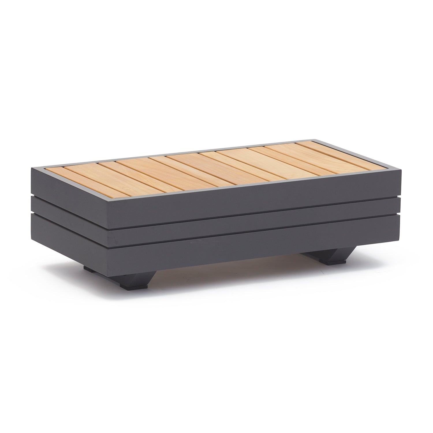 A contemporary Panama Teak Side Table, this rectangular outdoor wooden coffee table features a sleek black metal frame and a stylish slatted top design, making it an elegant addition to any outdoor furniture collection.