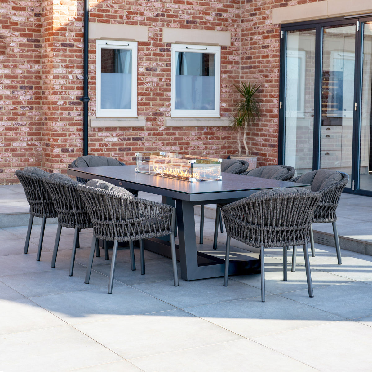 Pello Table Pello 8 Seat Rectangular Ceramic Firepit Dining Set in Grey