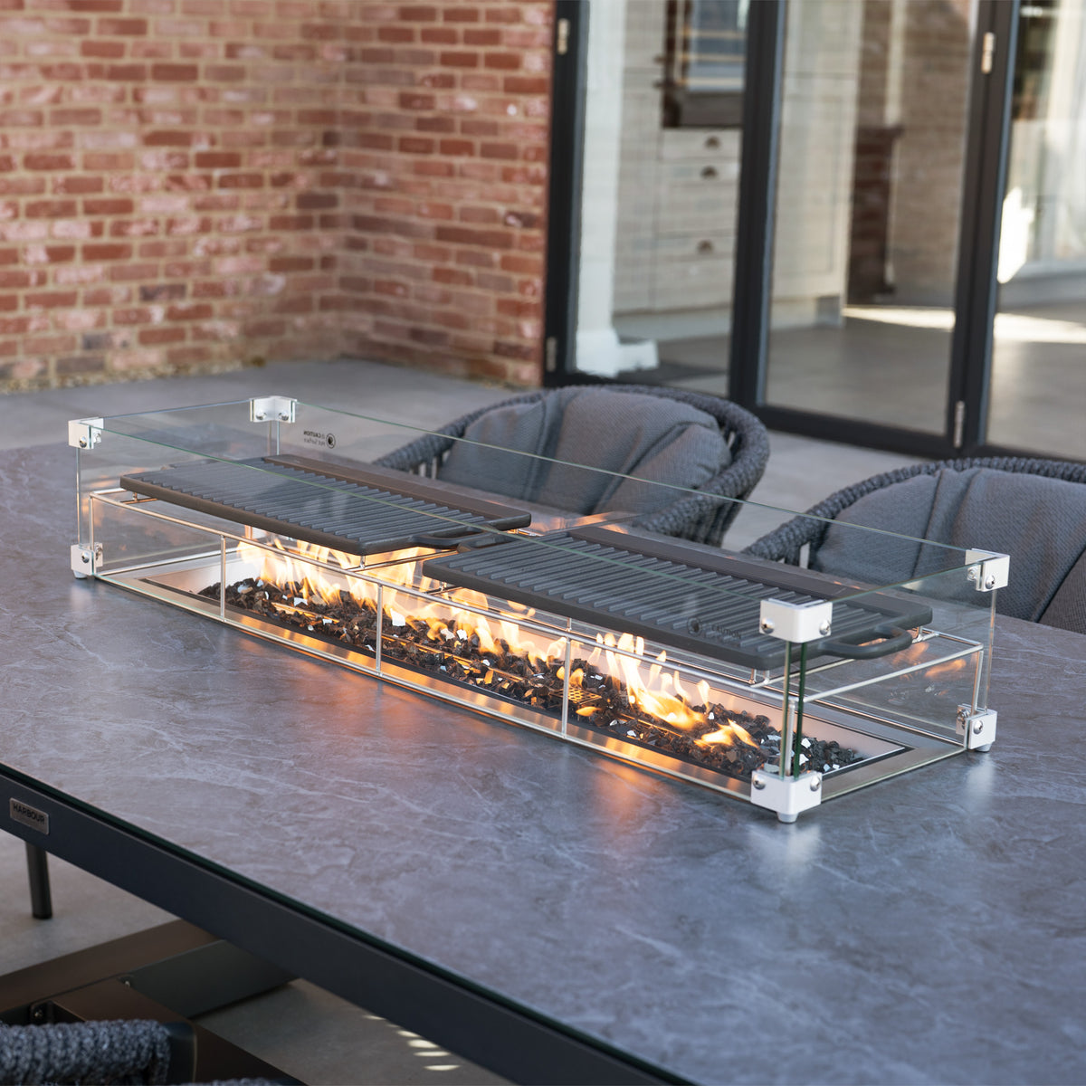 Pello Table Pello 8 Seat Rectangular Ceramic Firepit Dining Set in Grey