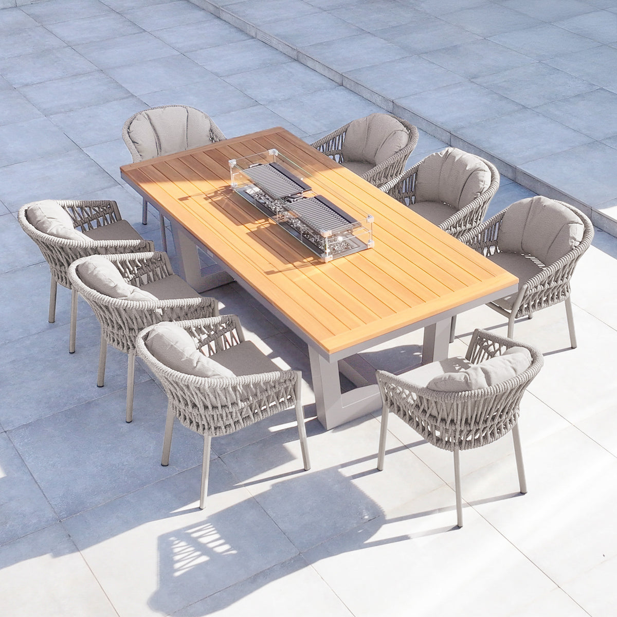 Pello Table Pello 8 Seat Rectangular Teak Firepit Dining Set in Fawn